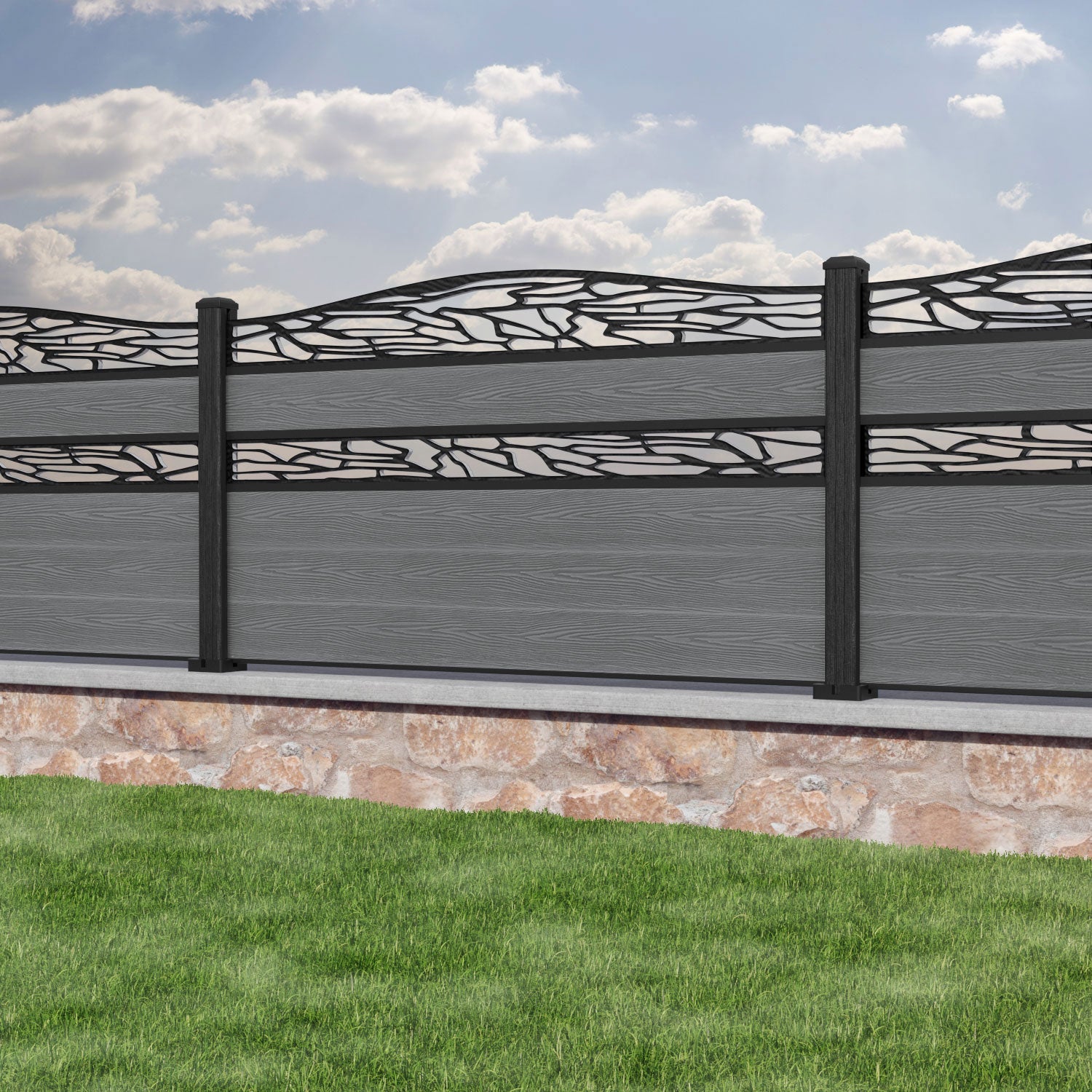 Classic Shatter Curved Top Split Screen Fence Panel - Mid Grey - with our composite posts