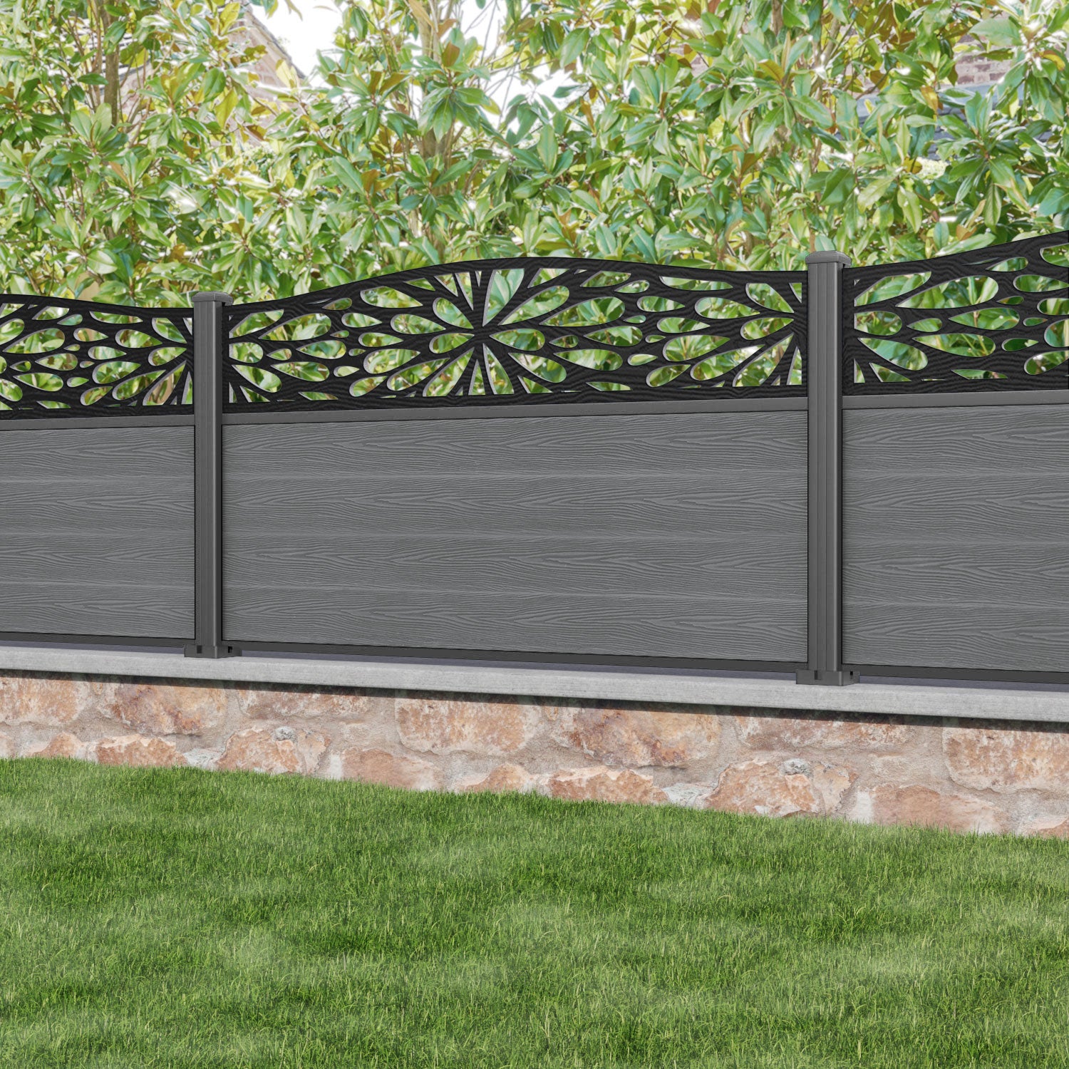 Classic Blossom Curved Top Fence Panel - Mid Grey - with our aluminium posts
