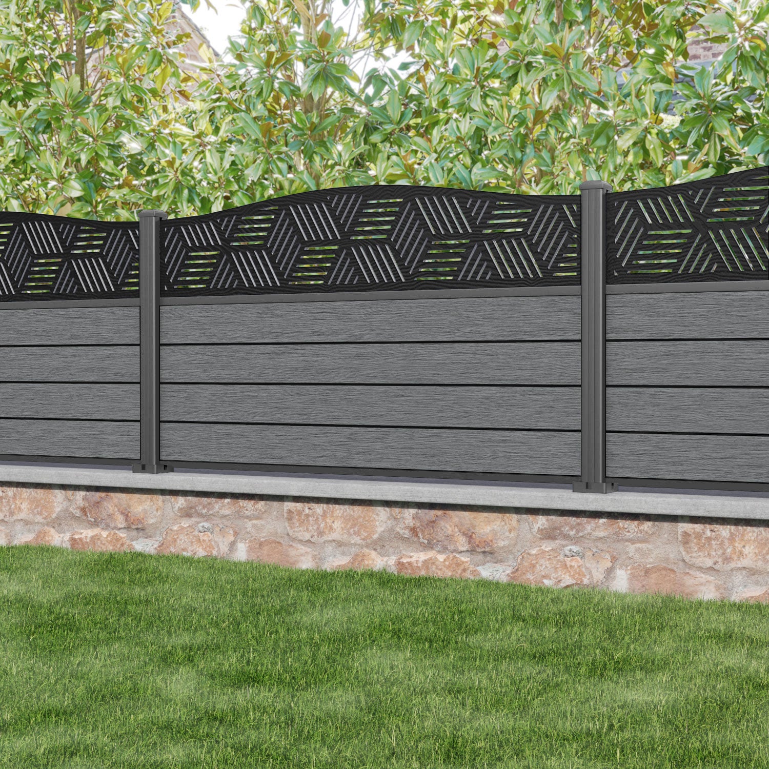 Fusion Cubed Curved Top Fence Panel - Mid Grey - with our aluminium posts
