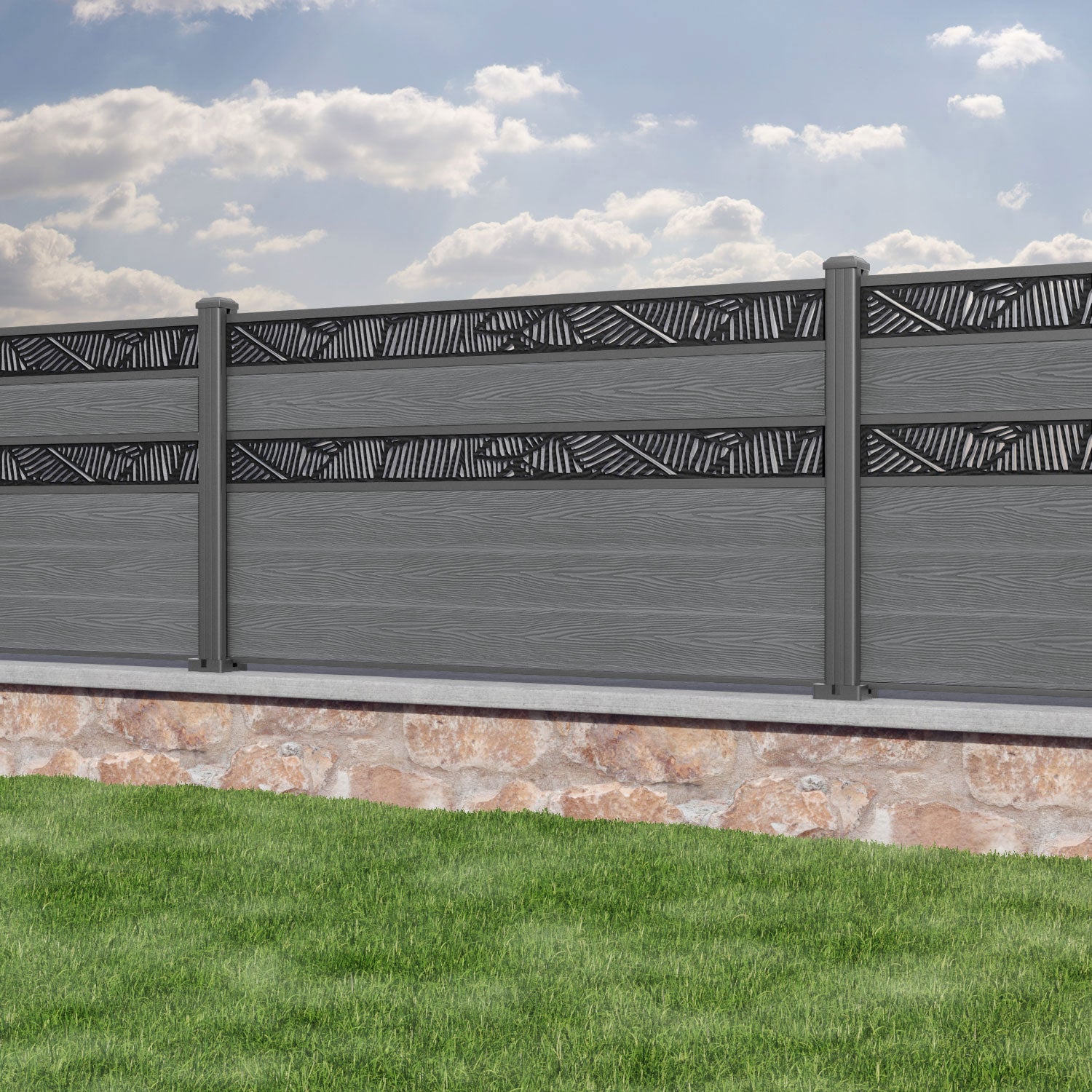 Classic Feather Split Screen Fence Panel - Mid Grey - with our aluminium posts