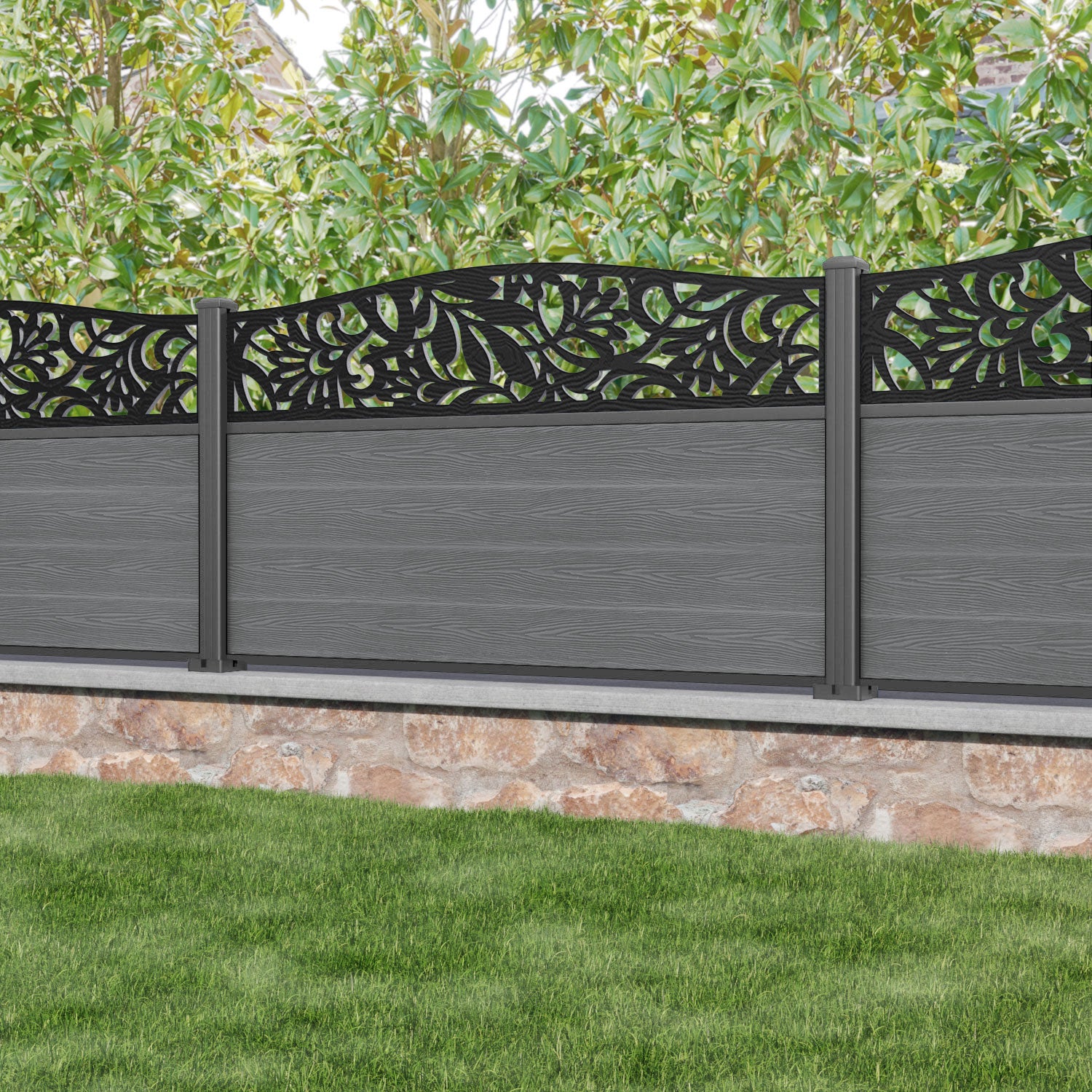 Classic Heritage Curved Top Fence Panel - Mid Grey - with our aluminium posts
