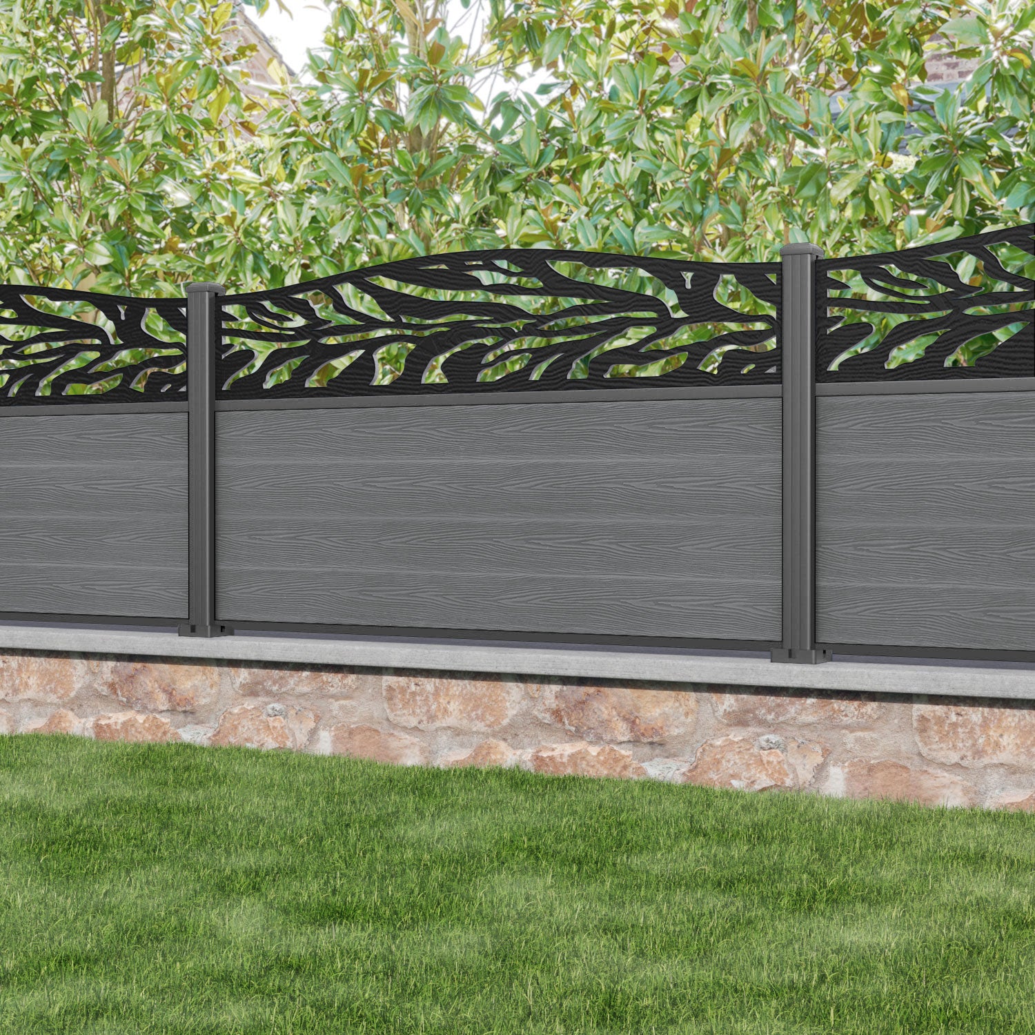 Classic Malawi Curved Top Fence Panel - Mid Grey - with our aluminium posts
