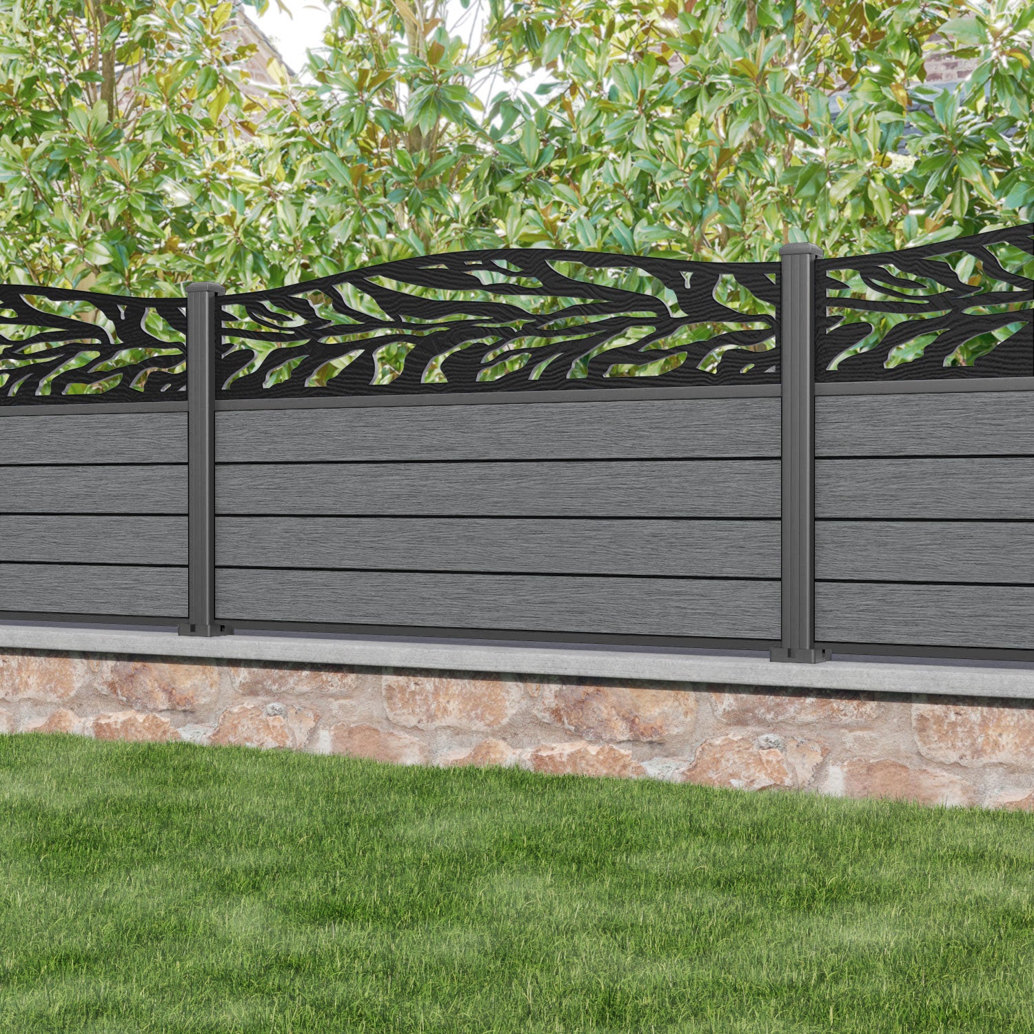 Fusion Malawi Curved Top Fence Panel - Mid Grey - with our aluminium posts