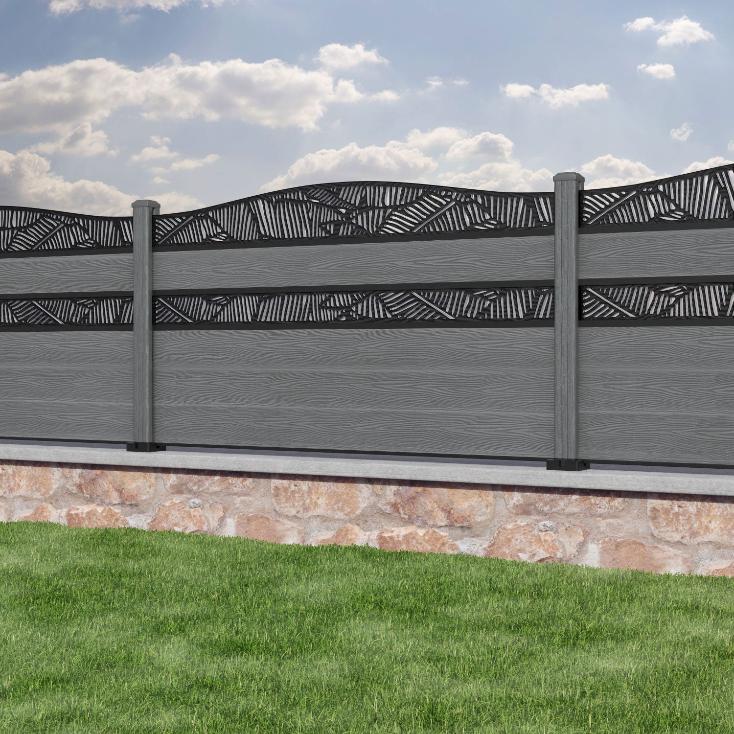 Classic Feather Curved Top Split Screen Fence Panel - Mid Grey - with our composite posts