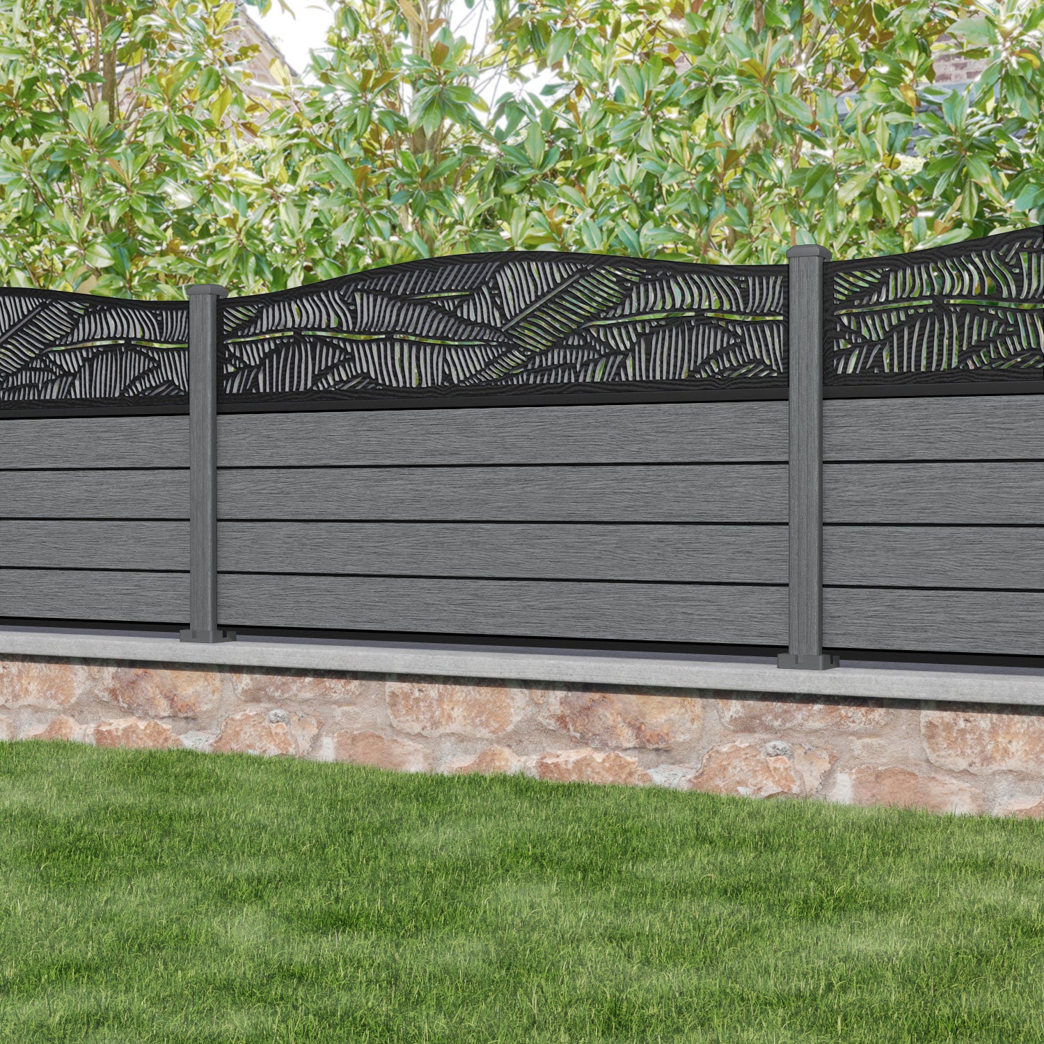 Fusion Feather Curved Top Fence Panel - Mid Grey - with our composite posts