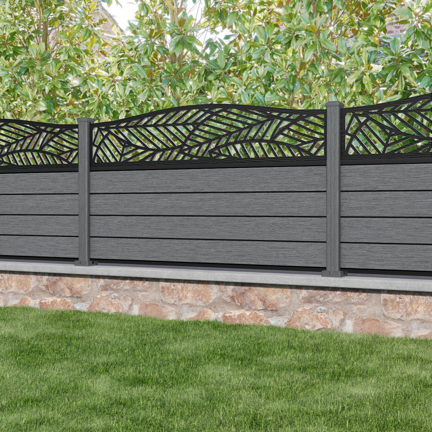 Fusion Habitat Curved Top Fence Panel - Mid Grey - with our composite posts