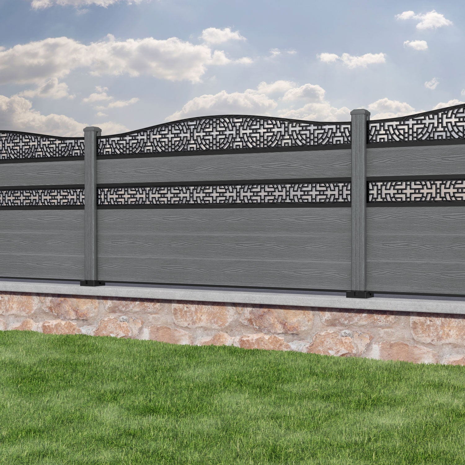 Classic Kumo Curved Top Split Screen Fence Panel - Mid Grey - with our composite posts