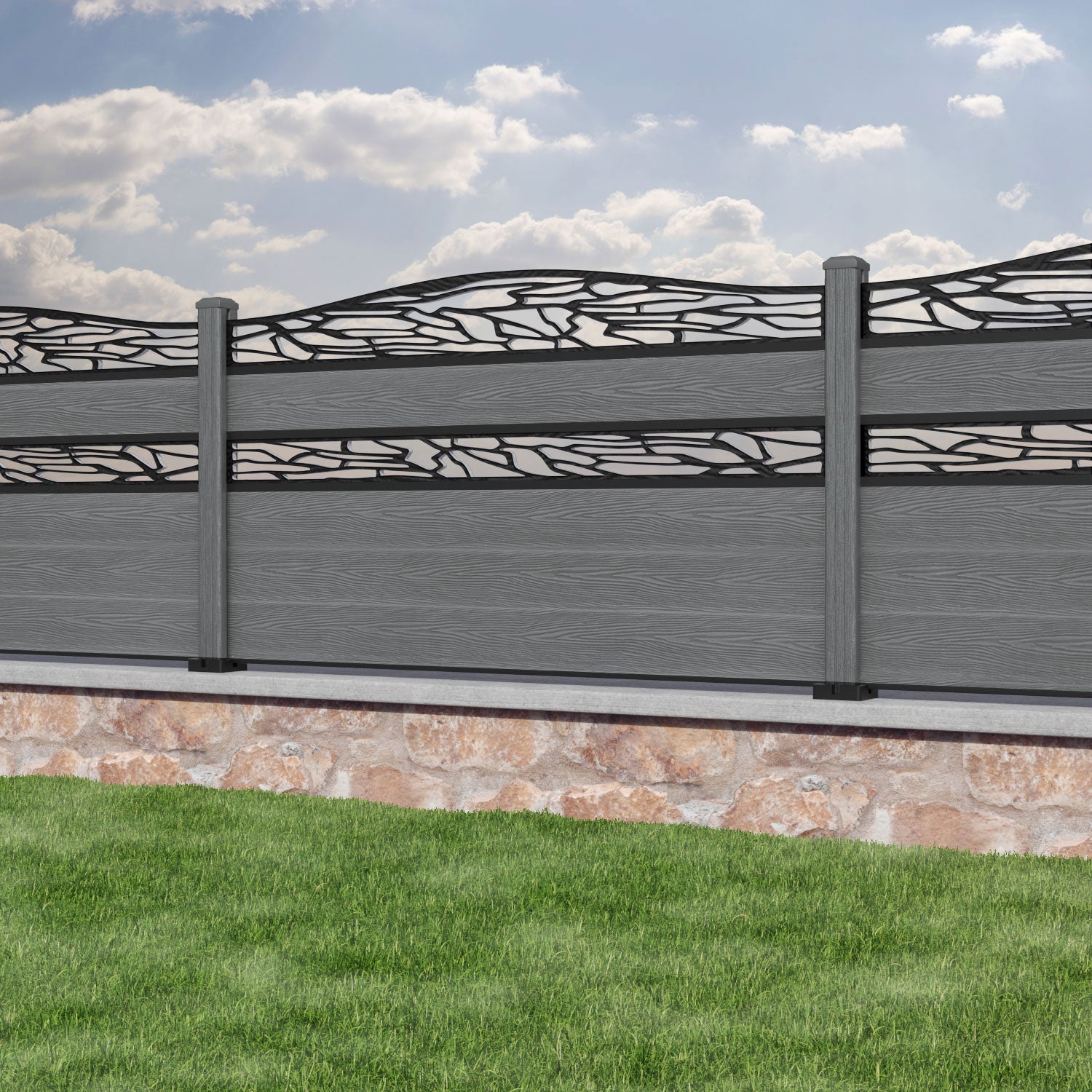 Classic Shatter Curved Top Split Screen Fence Panel - Mid Grey - with our composite posts