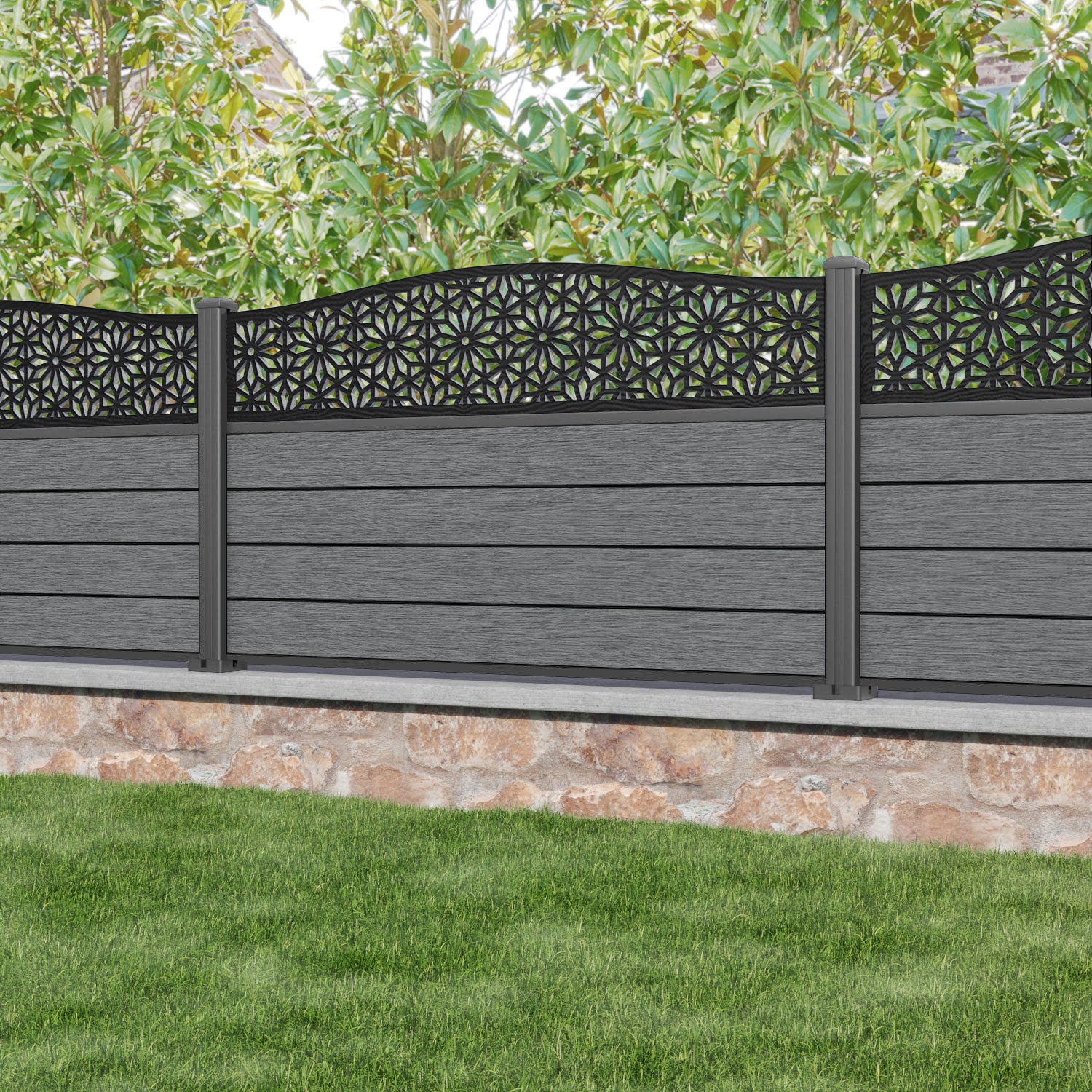 Fusion Narwa Curved Top Fence Panel - Mid Grey - with our aluminium posts