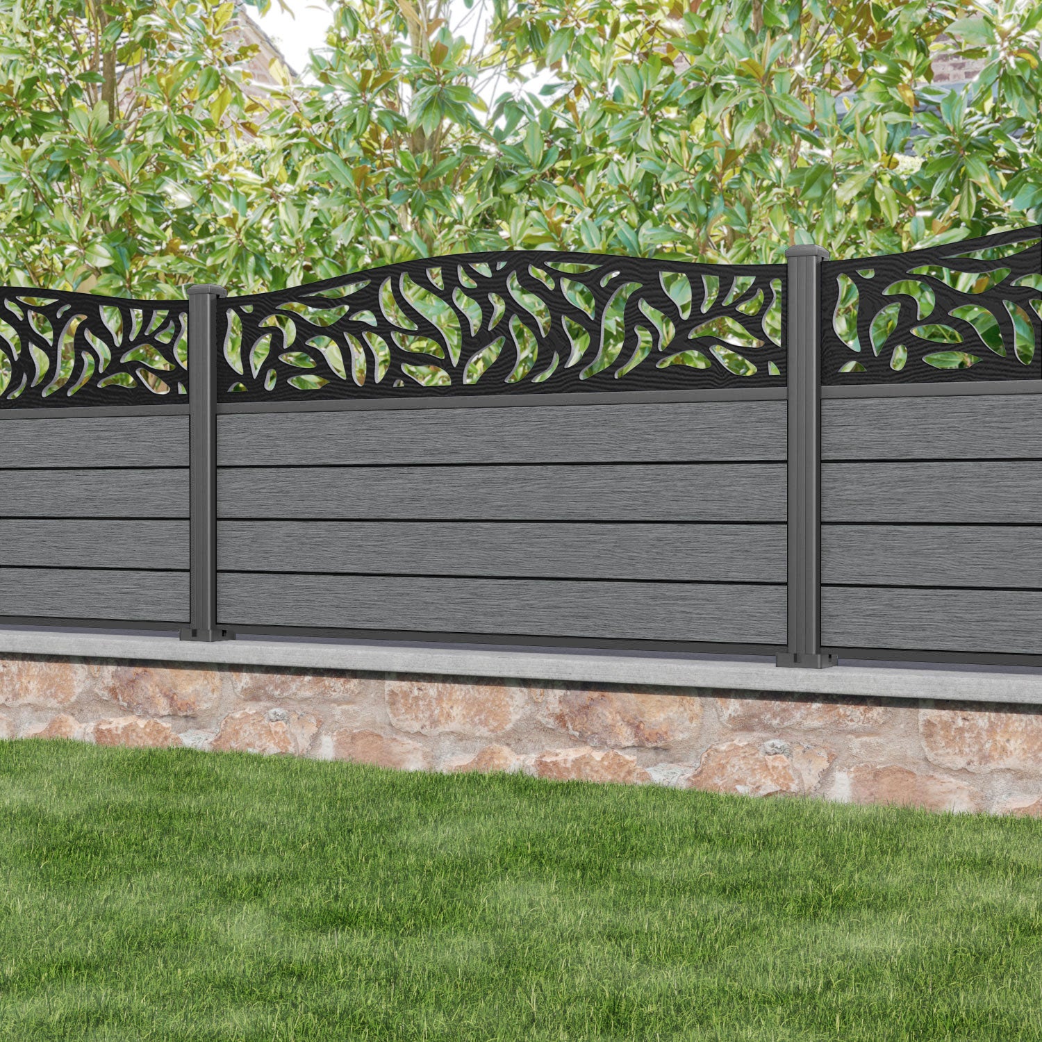 Fusion Plume Curved Top Fence Panel - Mid Grey - with our aluminium posts