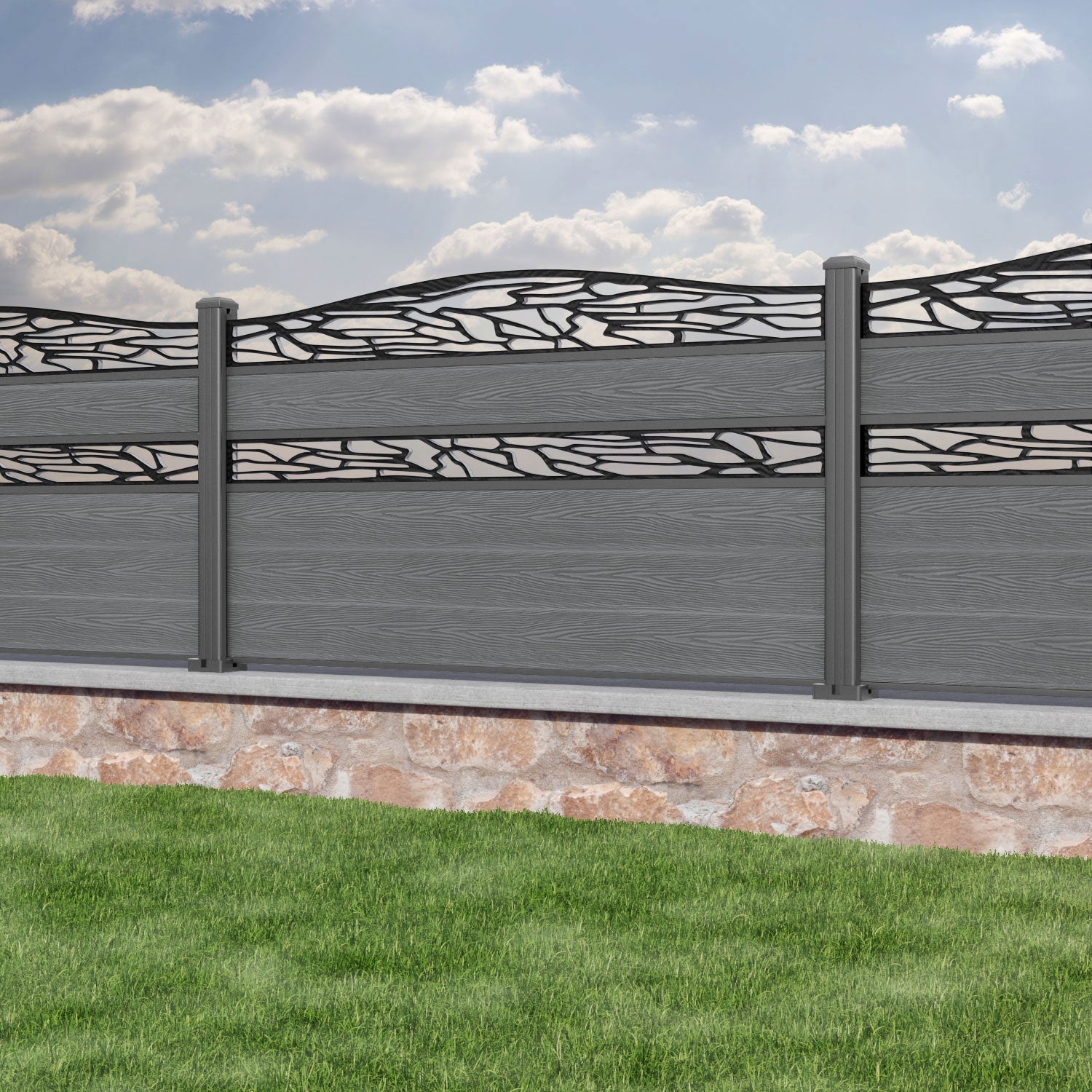 Classic Shatter Curved Top Split Screen Fence Panel - Mid Grey - with our aluminium posts