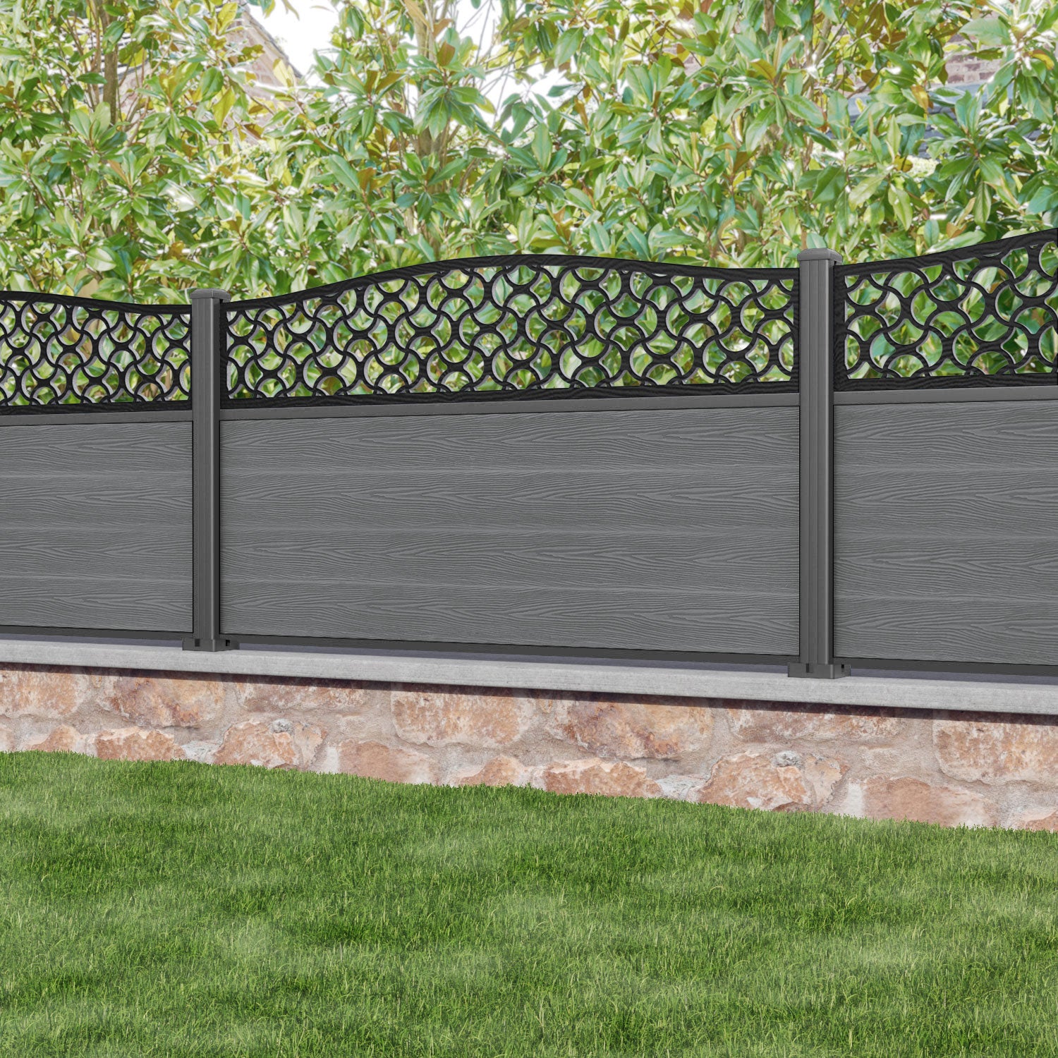 Classic Vida Curved Top Fence Panel - Mid Grey - with our aluminium posts