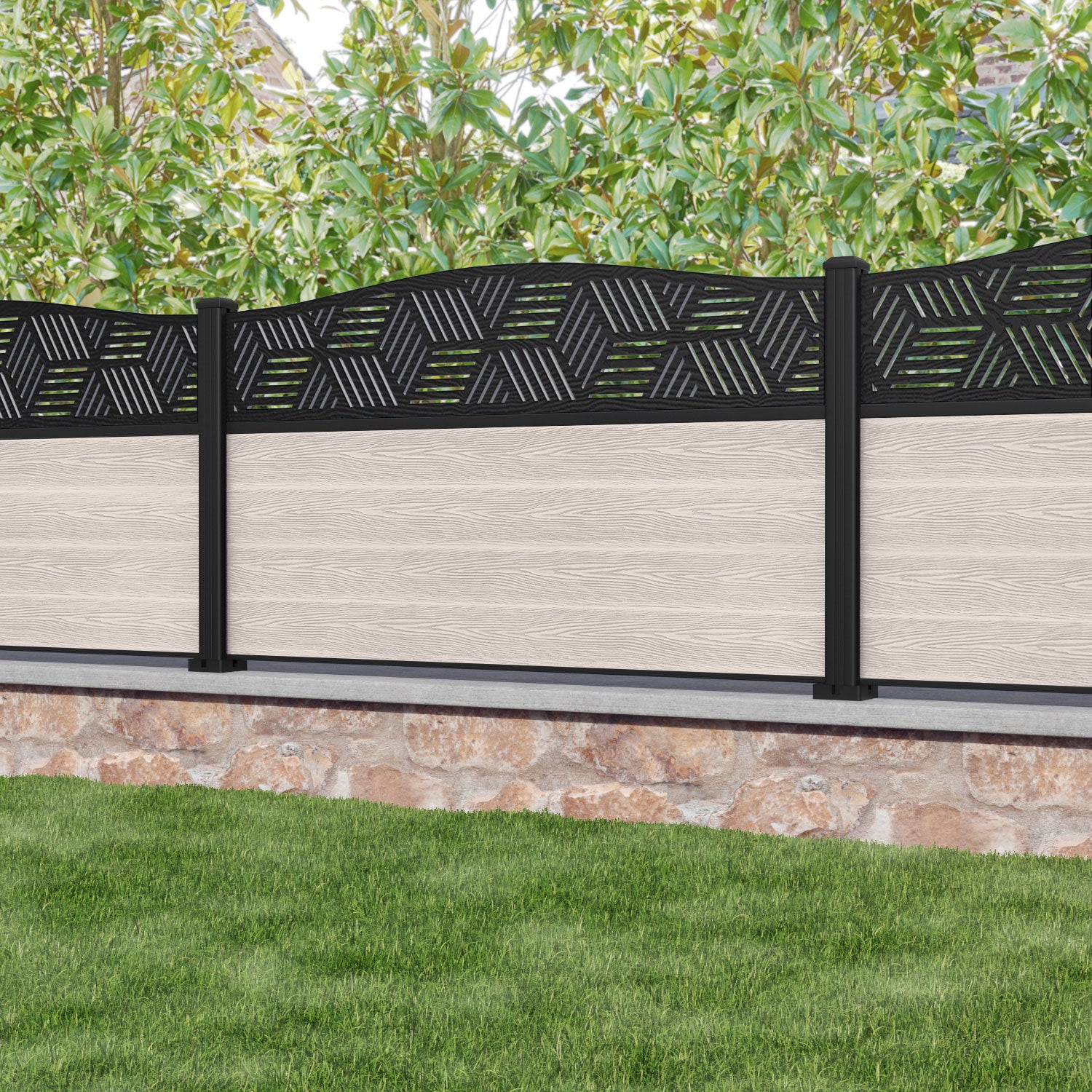 Classic Cubed Curved Top Fence Panel - Mid Stone - with our aluminium posts