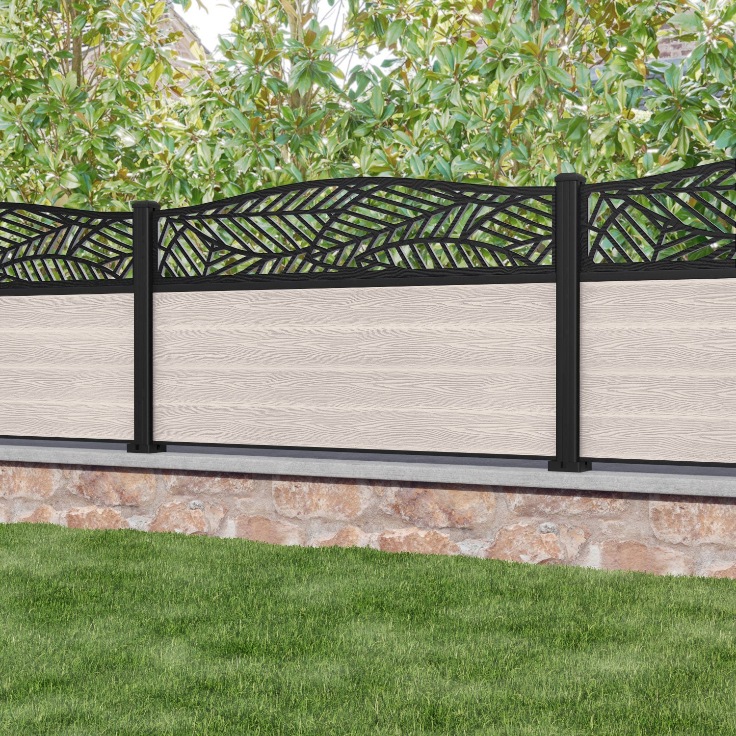 Classic Habitat Curved Top Fence Panel - Mid Stone - with our aluminium posts