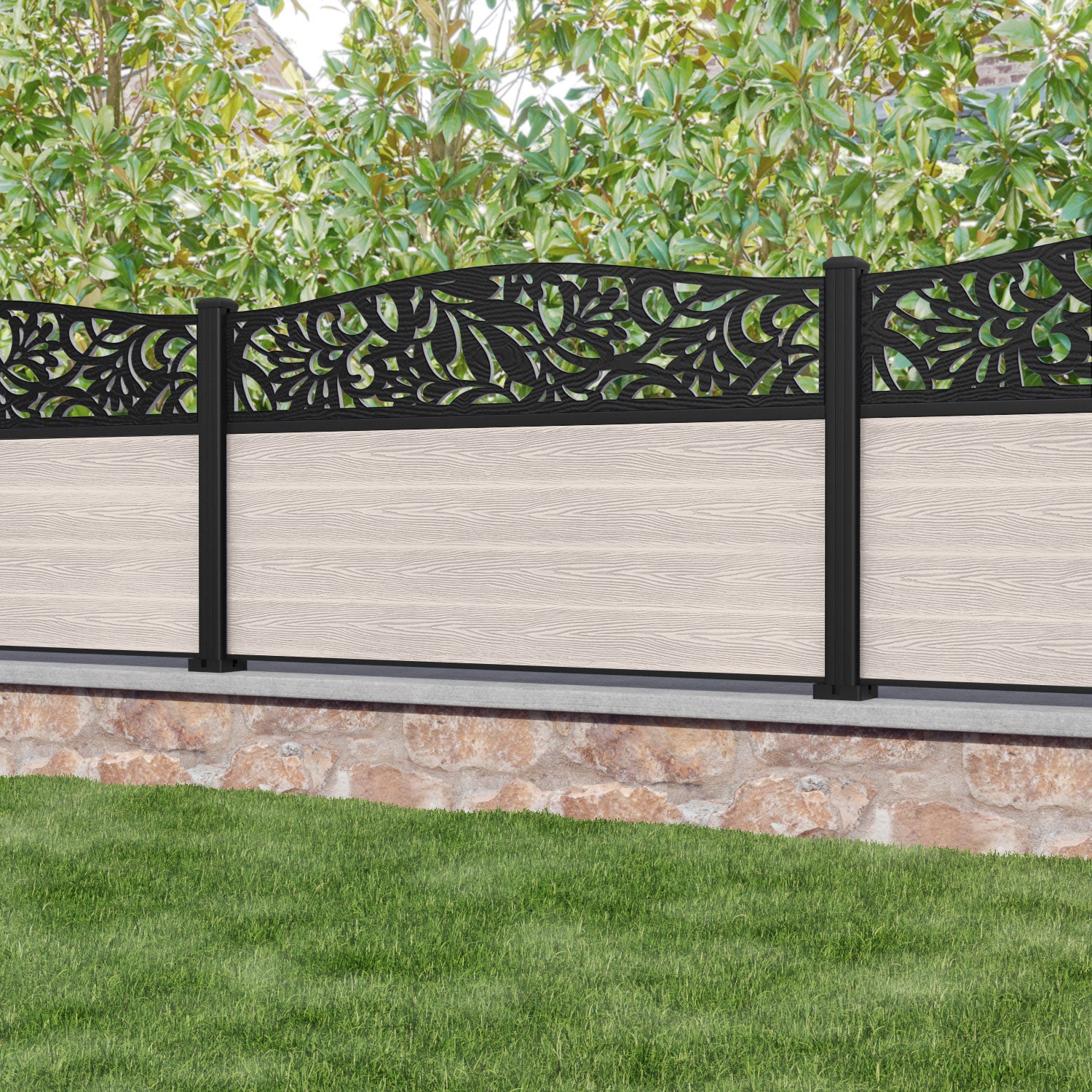 Classic Heritage Curved Top Fence Panel - Mid Stone - with our aluminium posts
