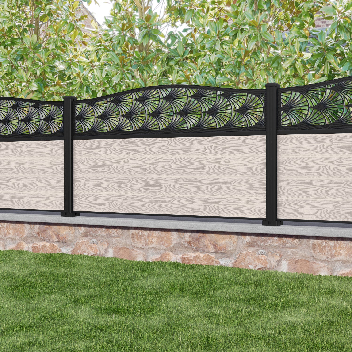 Classic Laurel Curved Top Fence Panel - Mid Stone - with our aluminium posts