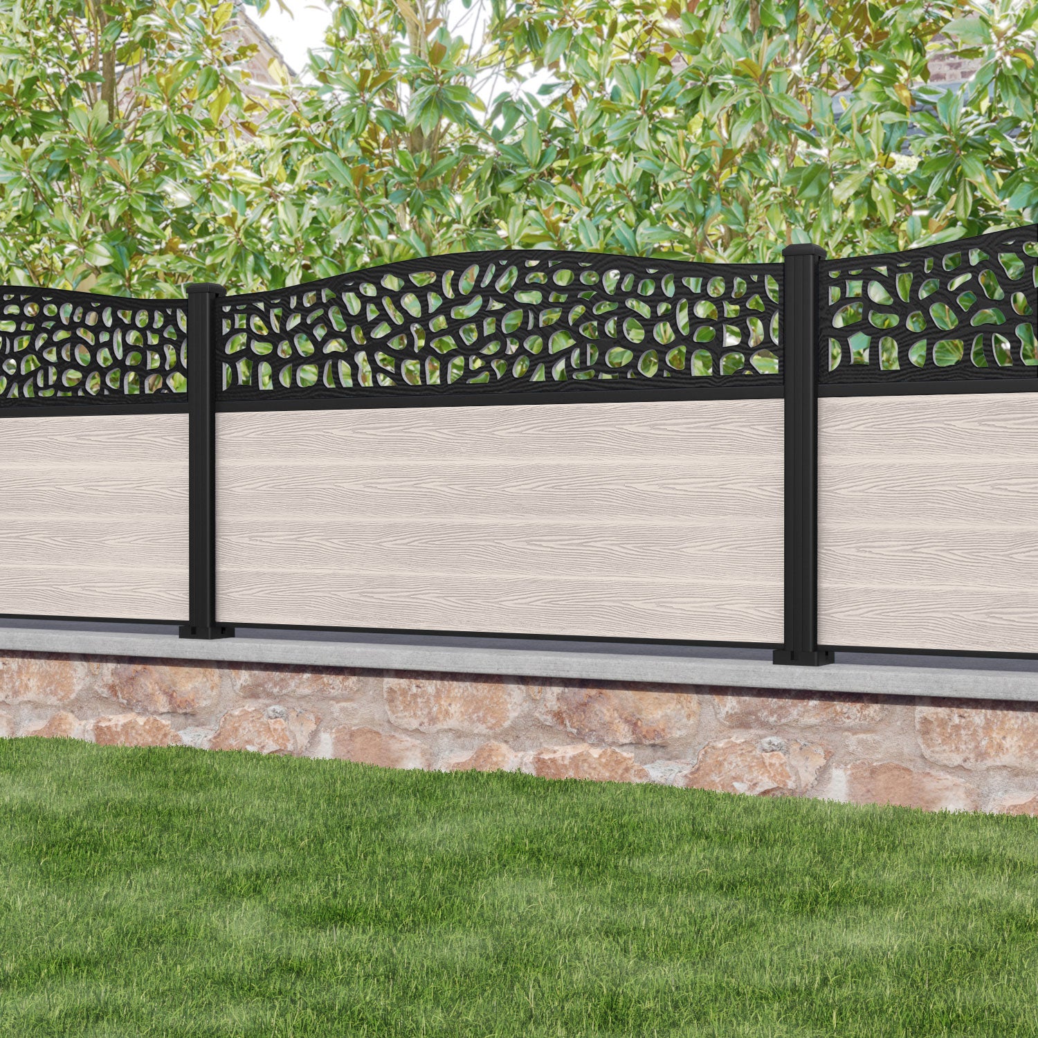Classic Pebble Curved Top Fence Panel - Mid Stone - with our aluminium posts