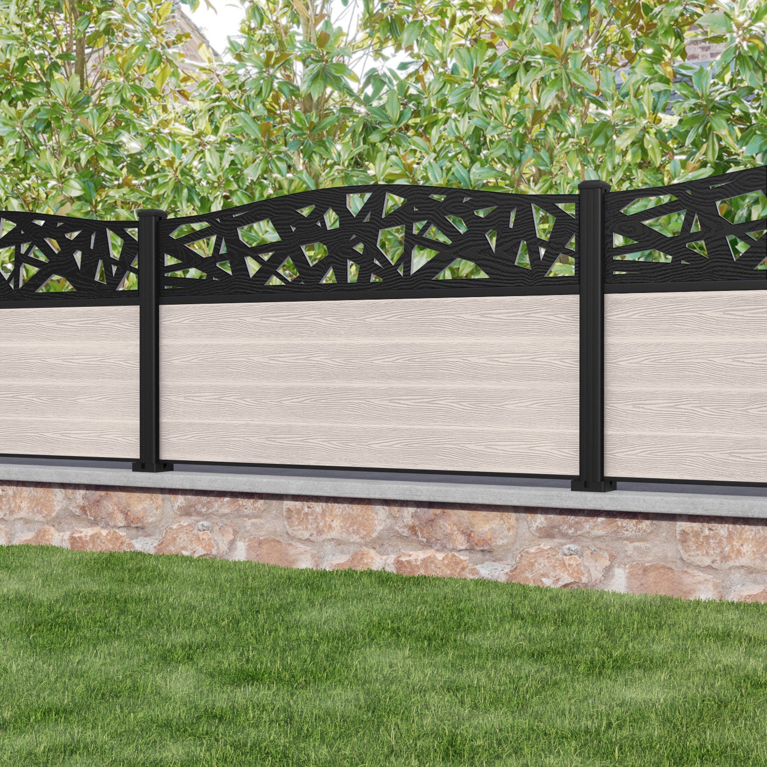 Classic Prism Curved Top Fence Panel - Mid Stone - with our aluminium posts