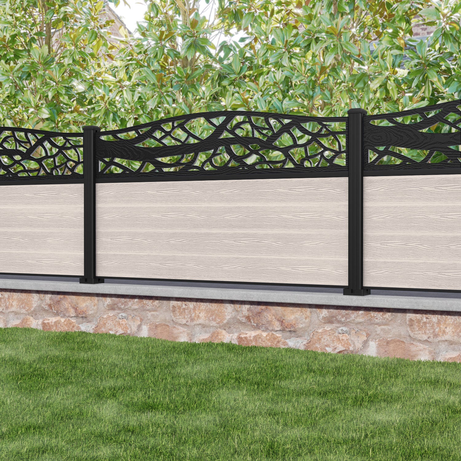 Classic Twilight Curved Top Fence Panel - Mid Stone - with our aluminium posts