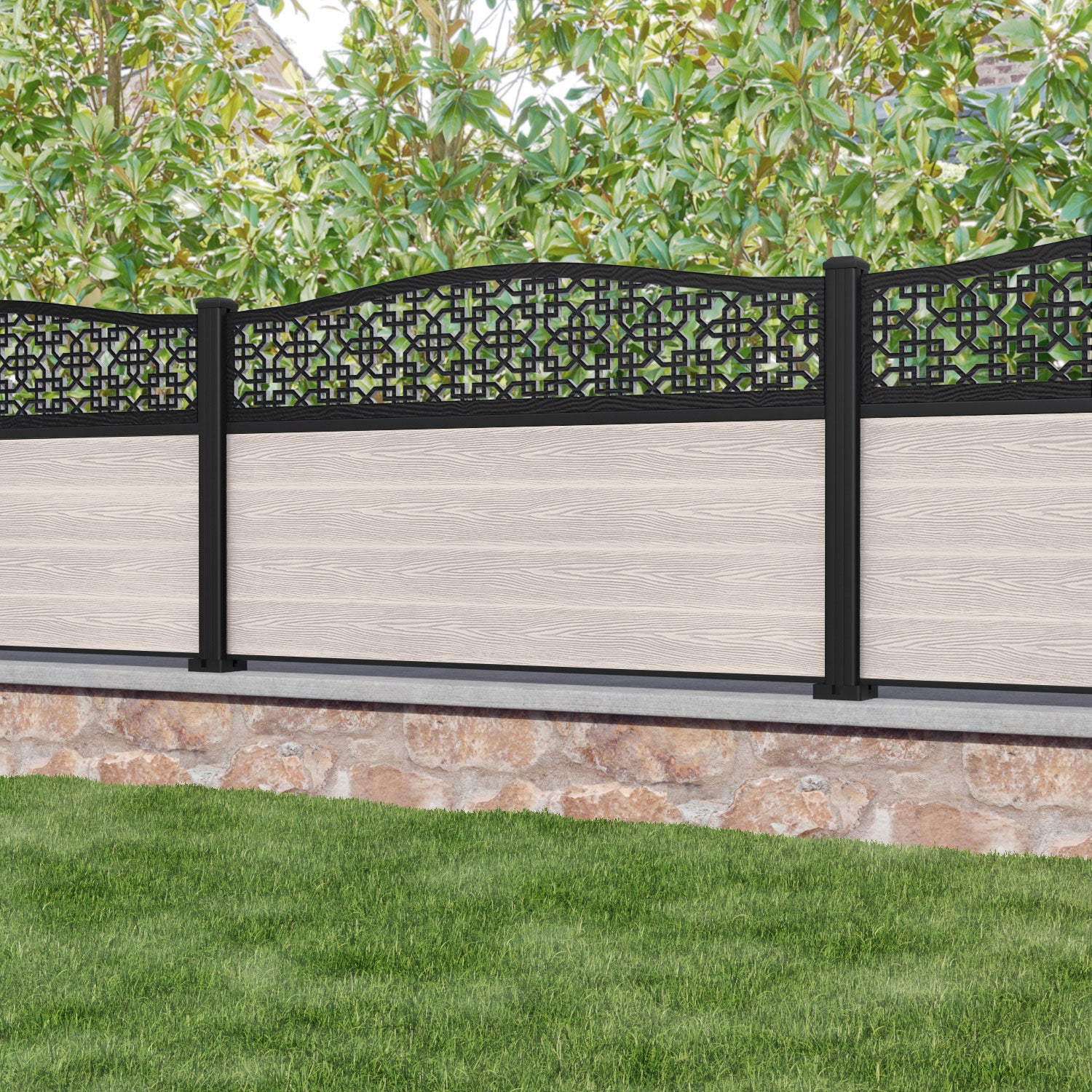 Classic Zaria Curved Top Fence Panel - Mid Stone - with our aluminium posts