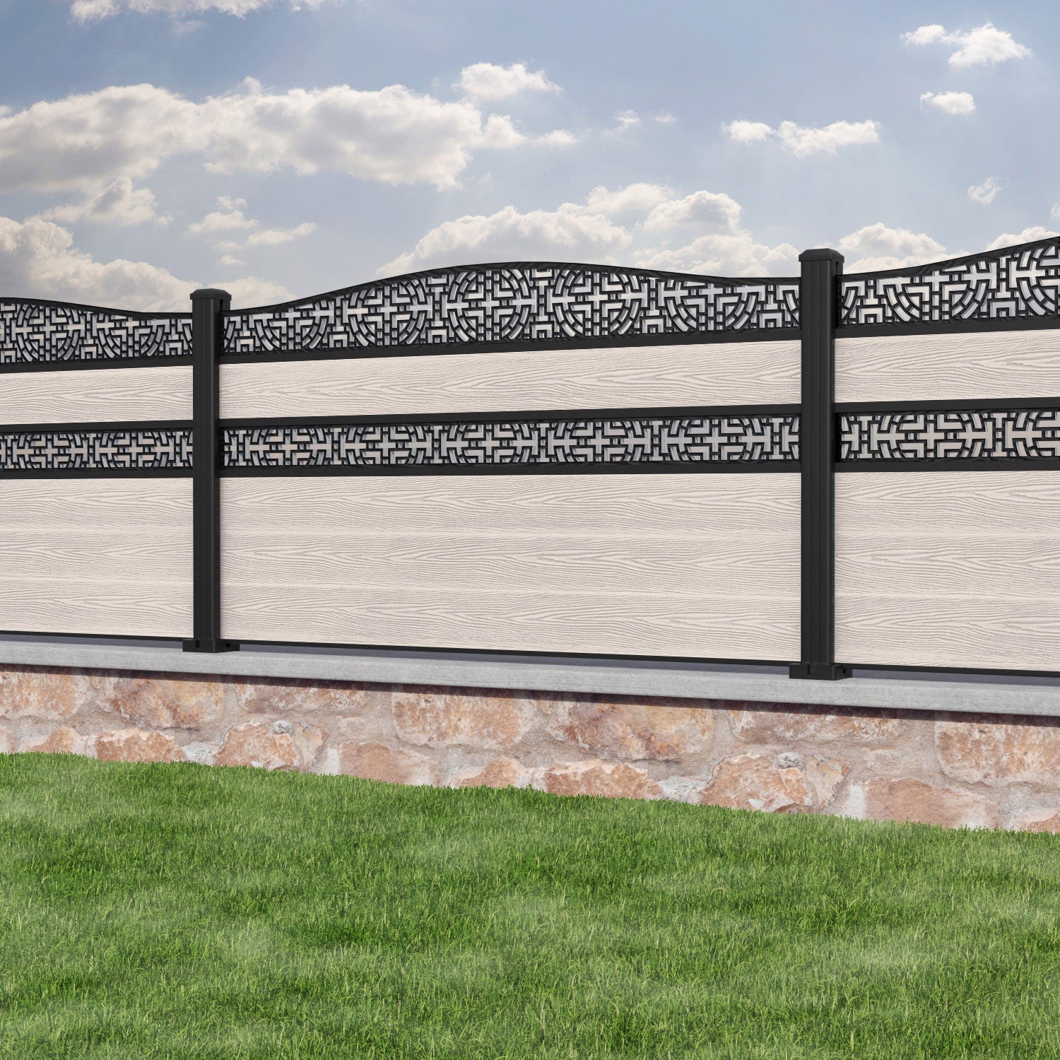 Classic Kumo Curved Top Split Screen Fence Panel - Mid Stone - with our aluminium posts