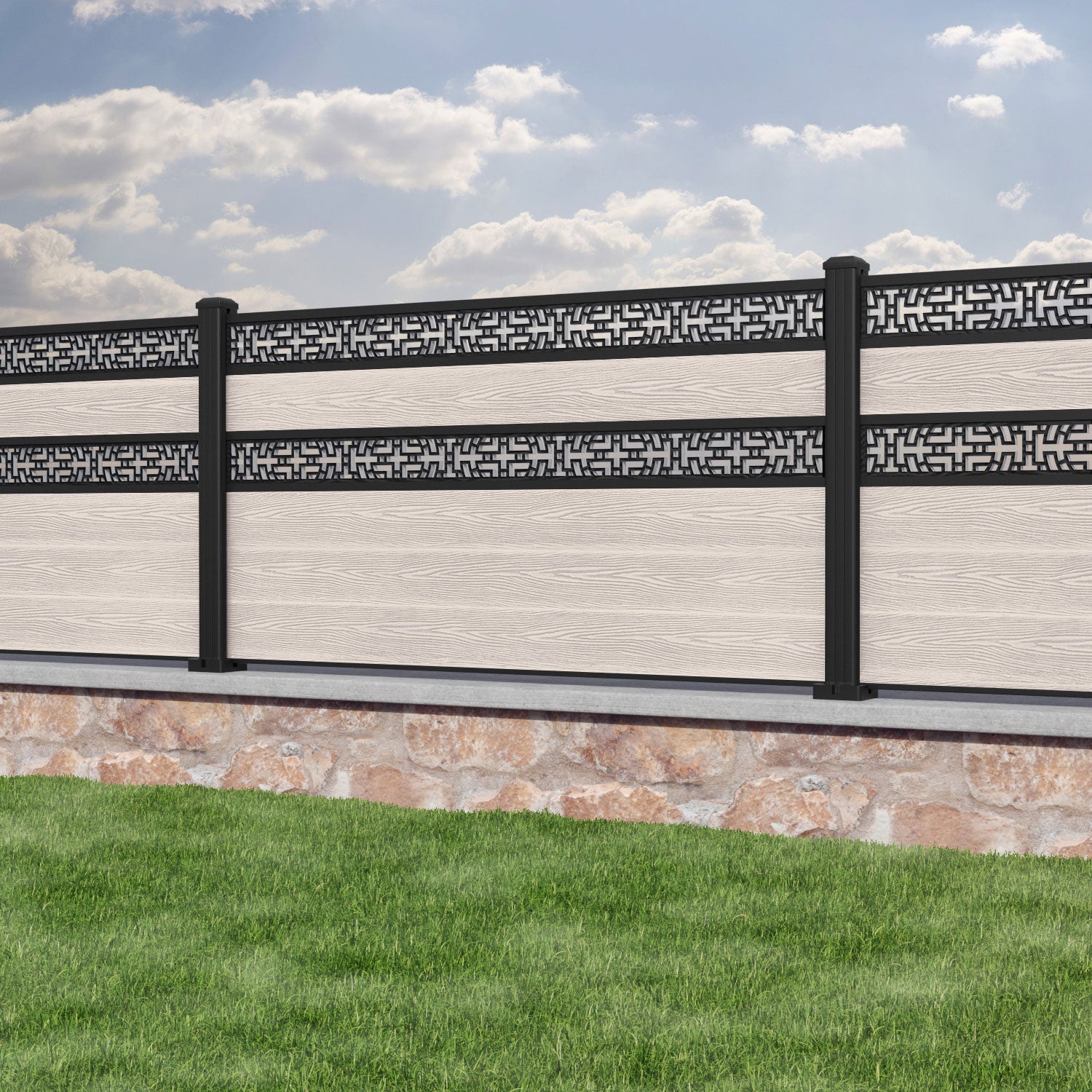 Classic Kumo Split Screen Fence Panel - Mid Stone - with our aluminium posts