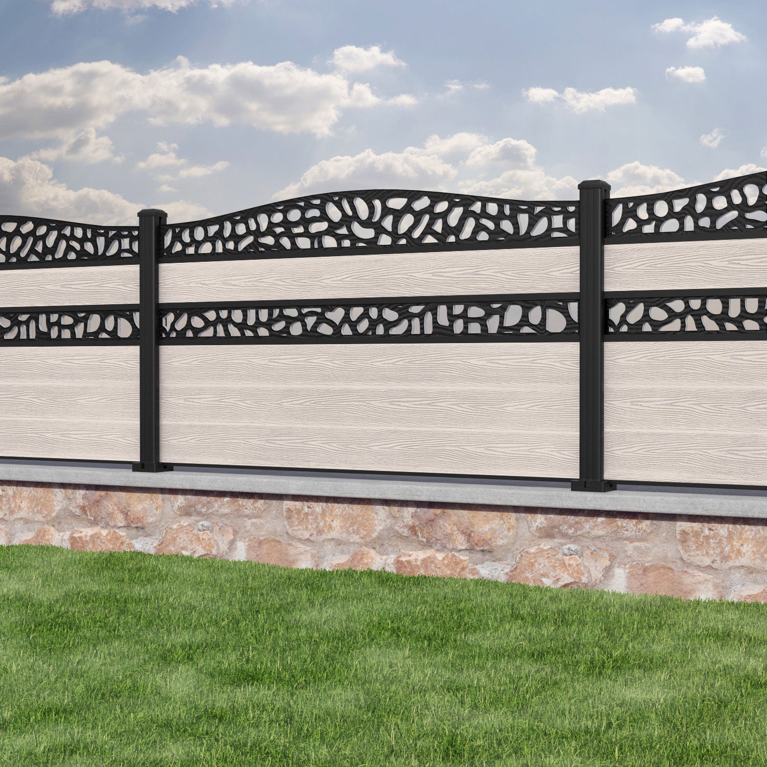 Classic Pebble Curved Top Split Screen Fence Panel - Mid Stone - with our aluminium posts