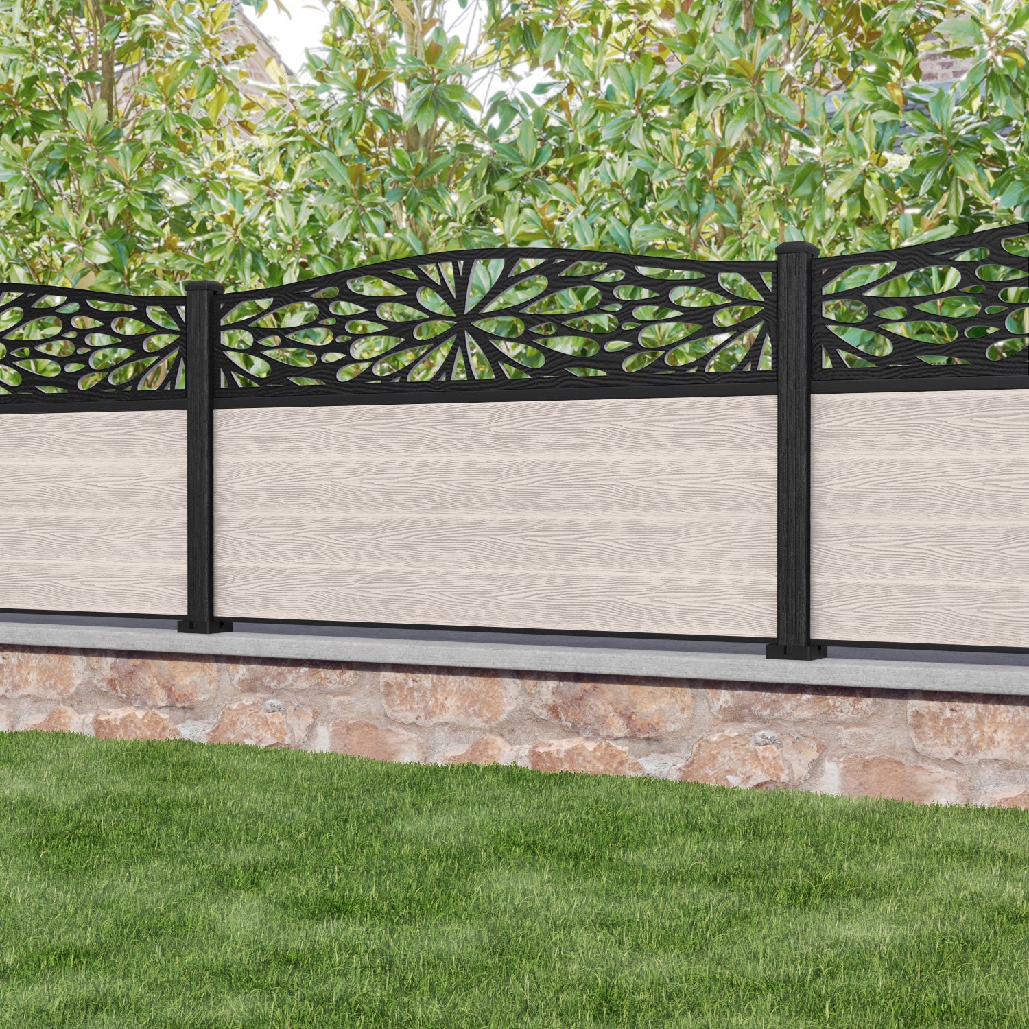 Classic Blossom Curved Top Fence Panel - Mid Stone - with our composite posts