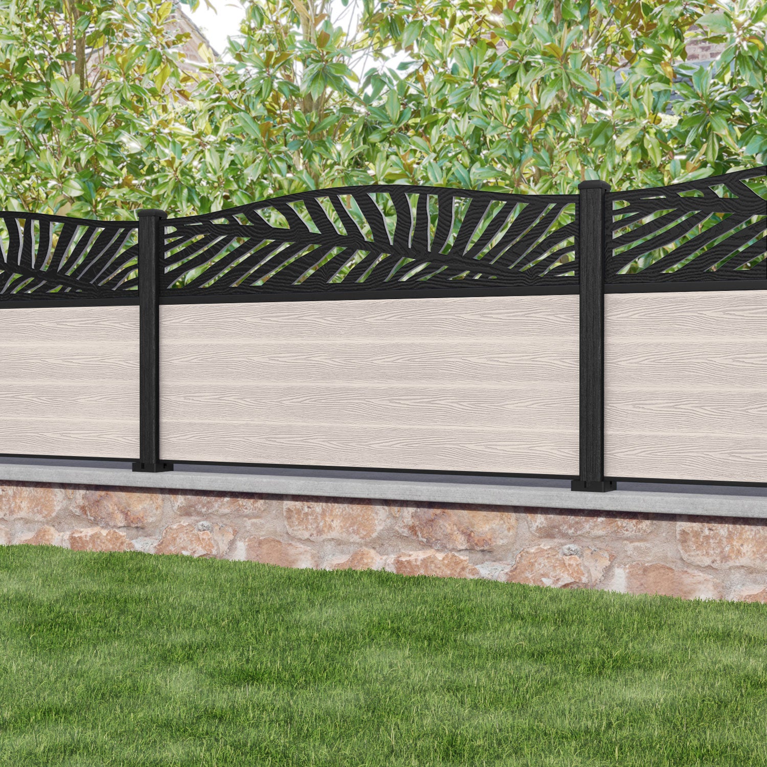 Classic Palm Curved Top Fence Panel - Mid Stone - with our composite posts
