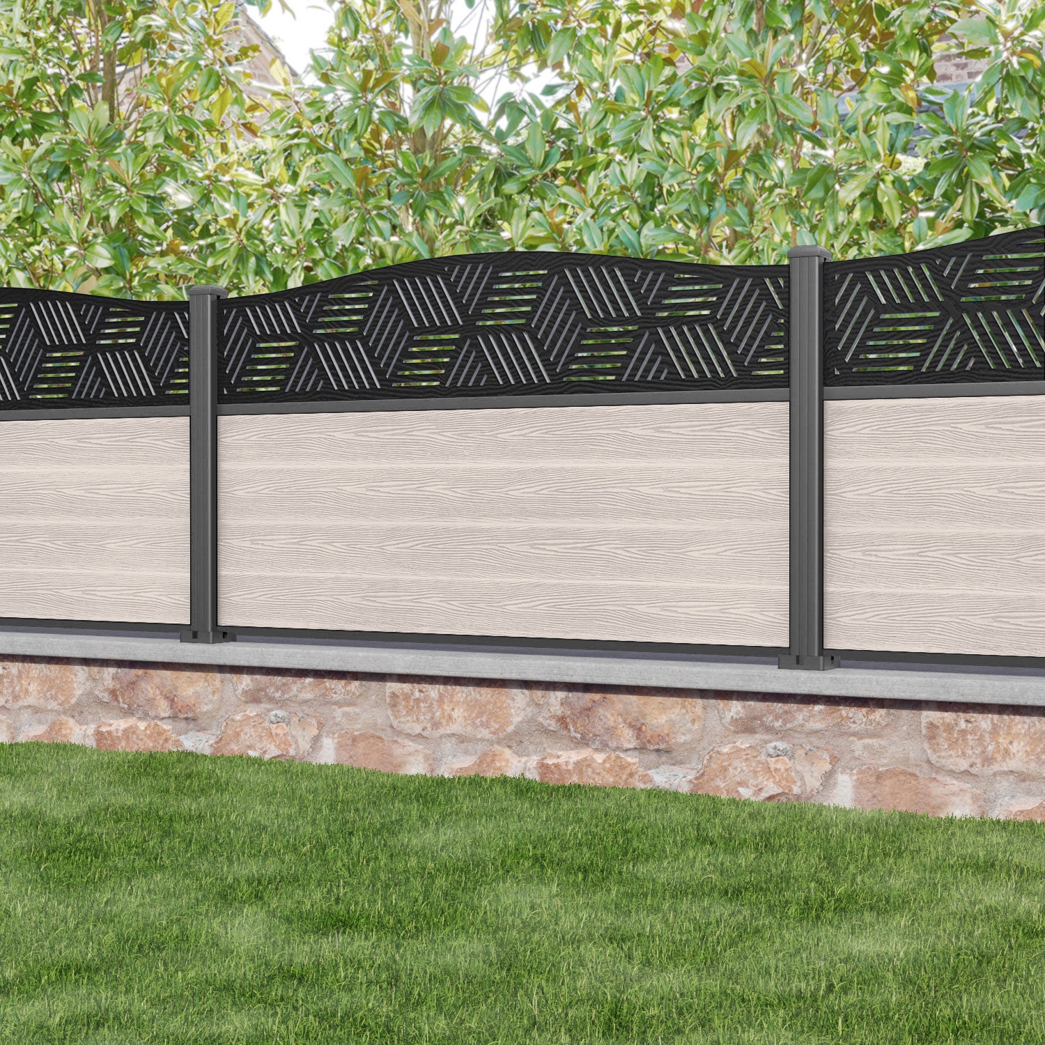 Classic Cubed Curved Top Fence Panel - Mid Stone - with our aluminium posts