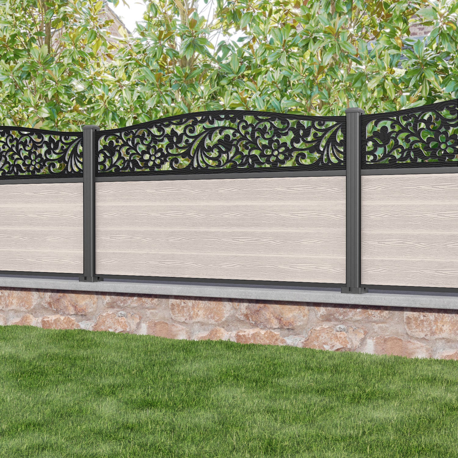 Classic Eden Curved Top Fence Panel - Mid Stone - with our aluminium posts