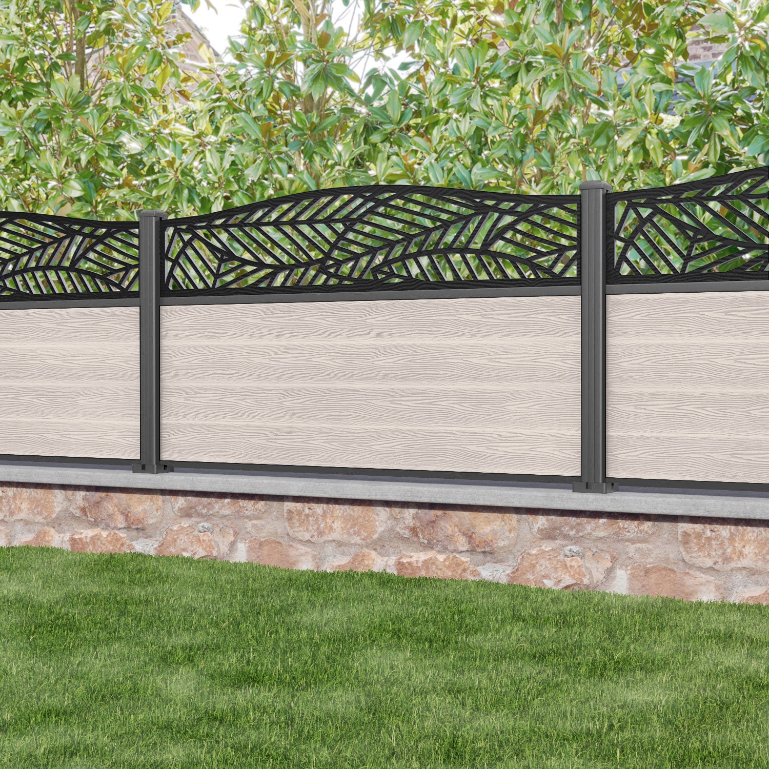 Classic Habitat Curved Top Fence Panel - Mid Stone - with our aluminium posts