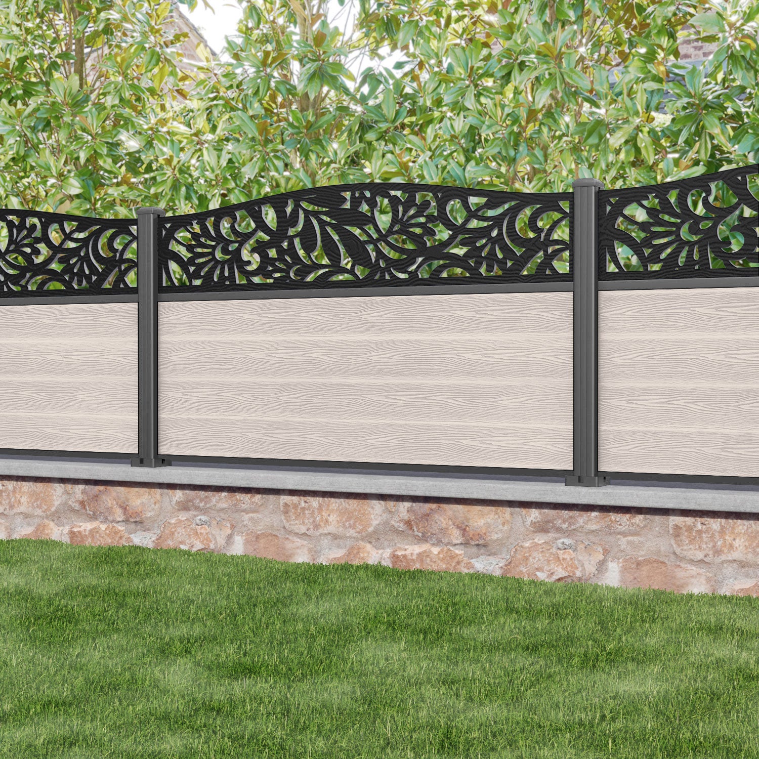 Classic Heritage Curved Top Fence Panel - Mid Stone - with our aluminium posts