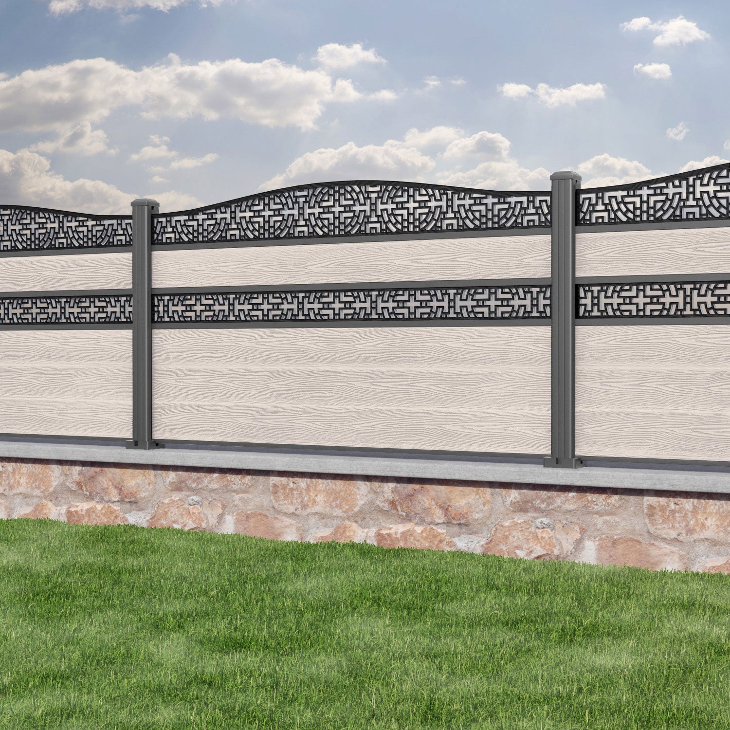 Classic Kumo Curved Top Split Screen Fence Panel - Mid Stone - with our aluminium posts