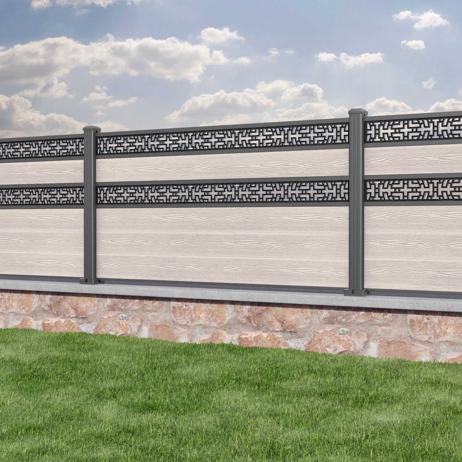 Classic Kumo Split Screen Fence Panel - Mid Stone - with our aluminium posts