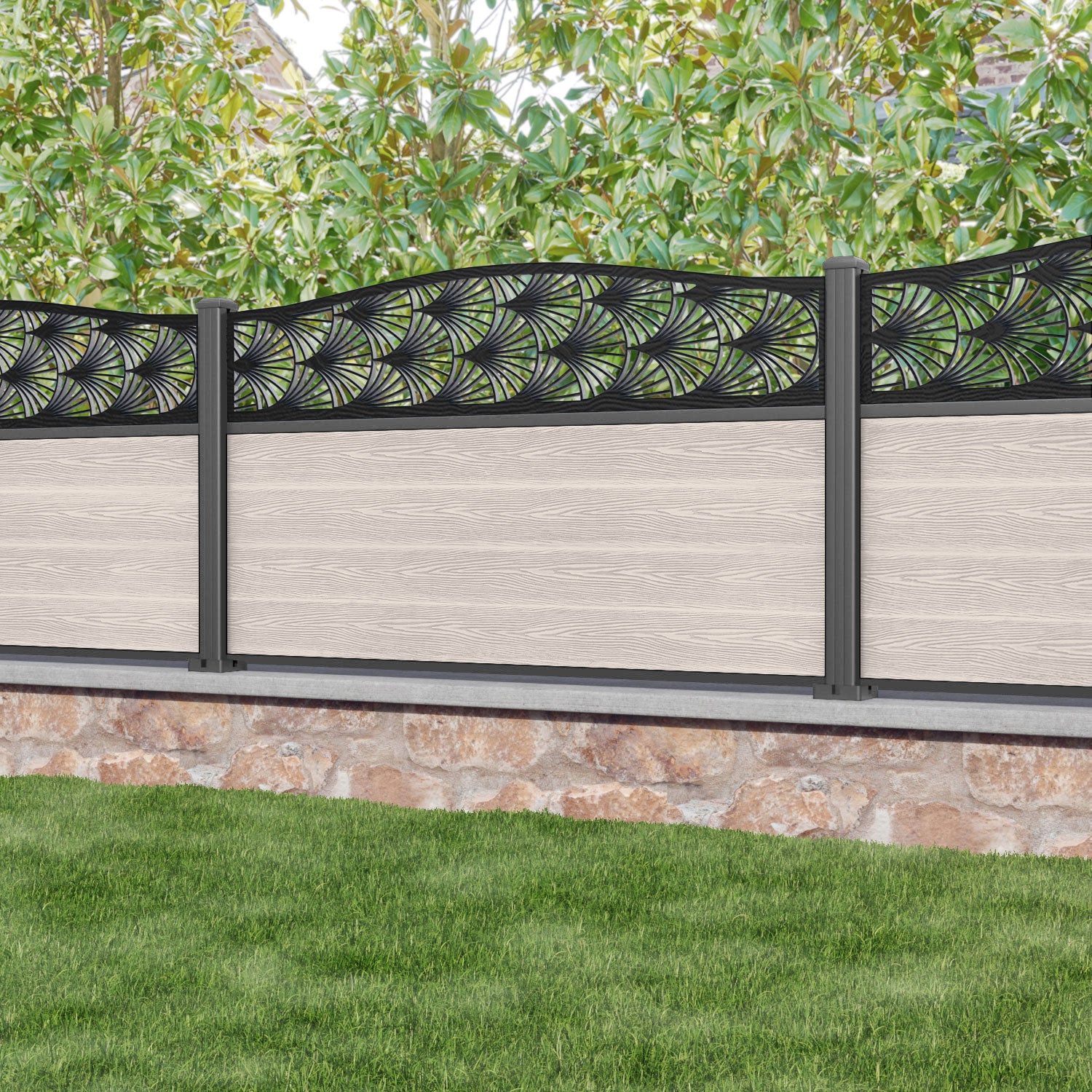 Classic Laurel Curved Top Fence Panel - Mid Stone - with our aluminium posts