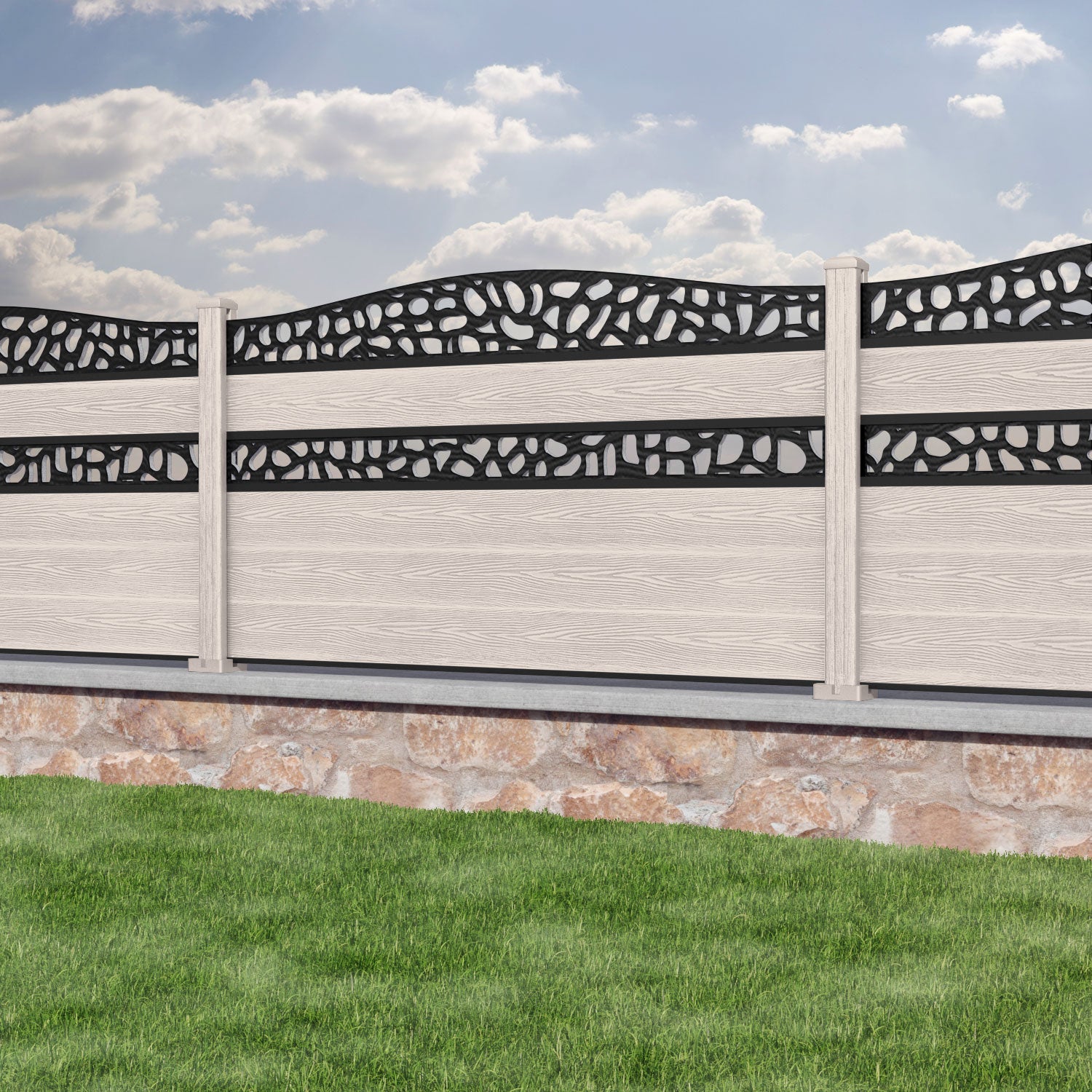 Classic Pebble Curved Top Split Screen Fence Panel - Mid Stone - with our composite posts