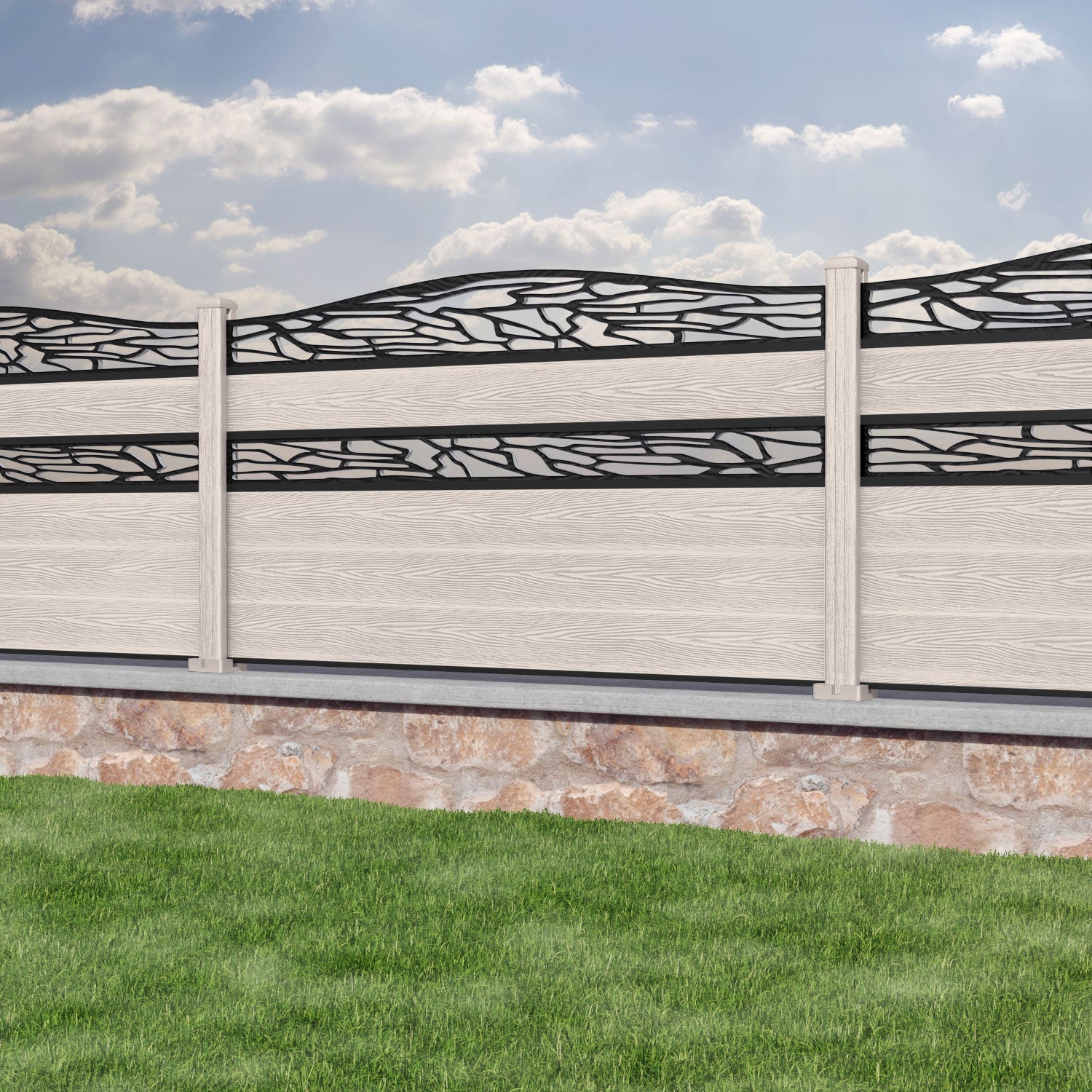 Classic Shatter Curved Top Split Screen Fence Panel - Mid Stone - with our composite posts