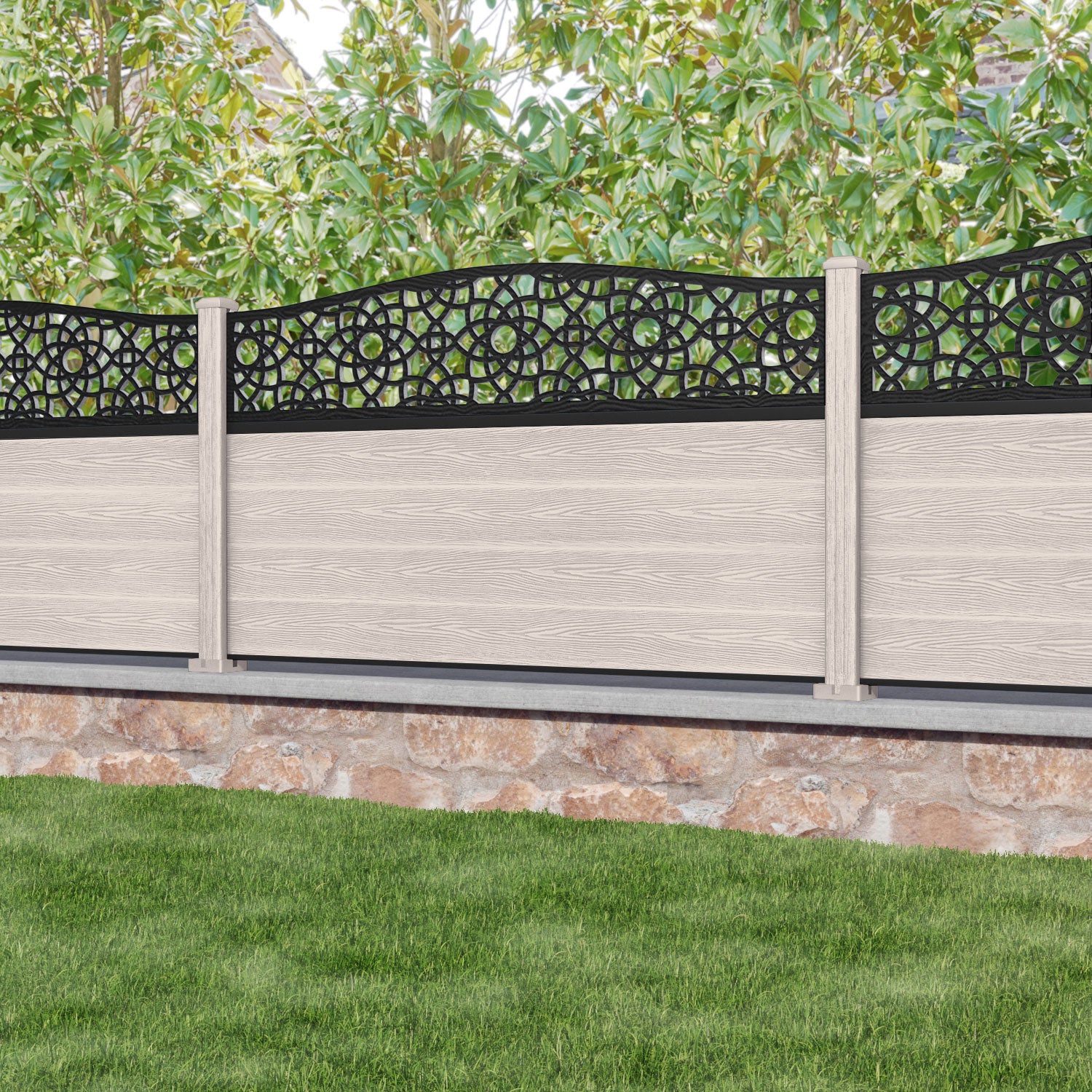 Classic Ambar Curved Top Fence Panel - Mid Stone - with our composite posts