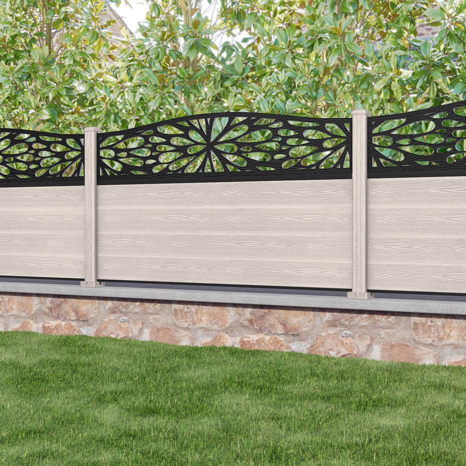 Classic Blossom Curved Top Fence Panel - Mid Stone - with our composite posts