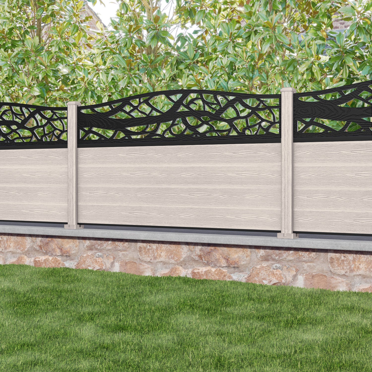 Classic Twilight Curved Top Fence Panel - Mid Stone - with our composite posts