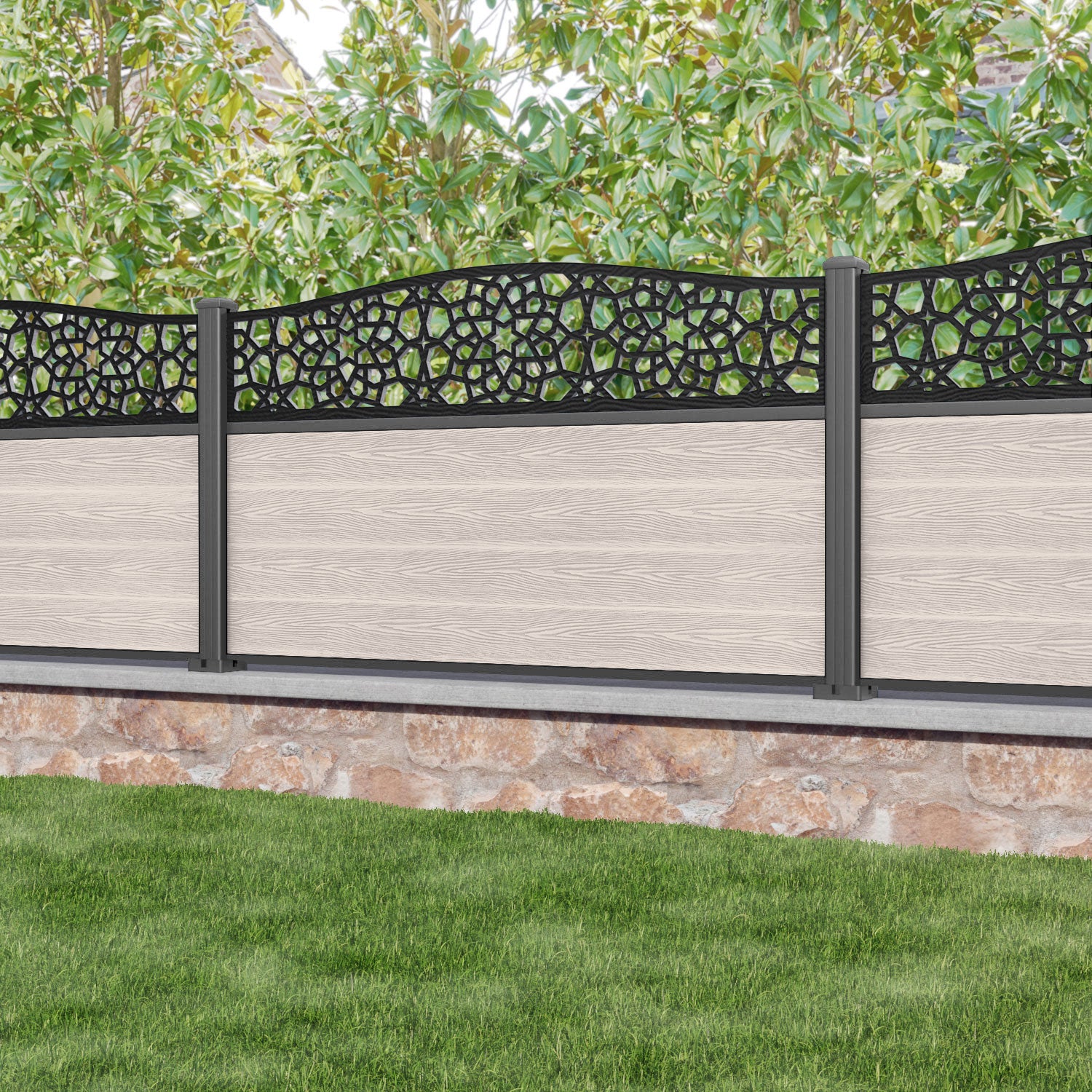 Classic Nazira Curved Top Fence Panel - Mid Stone - with our aluminium posts