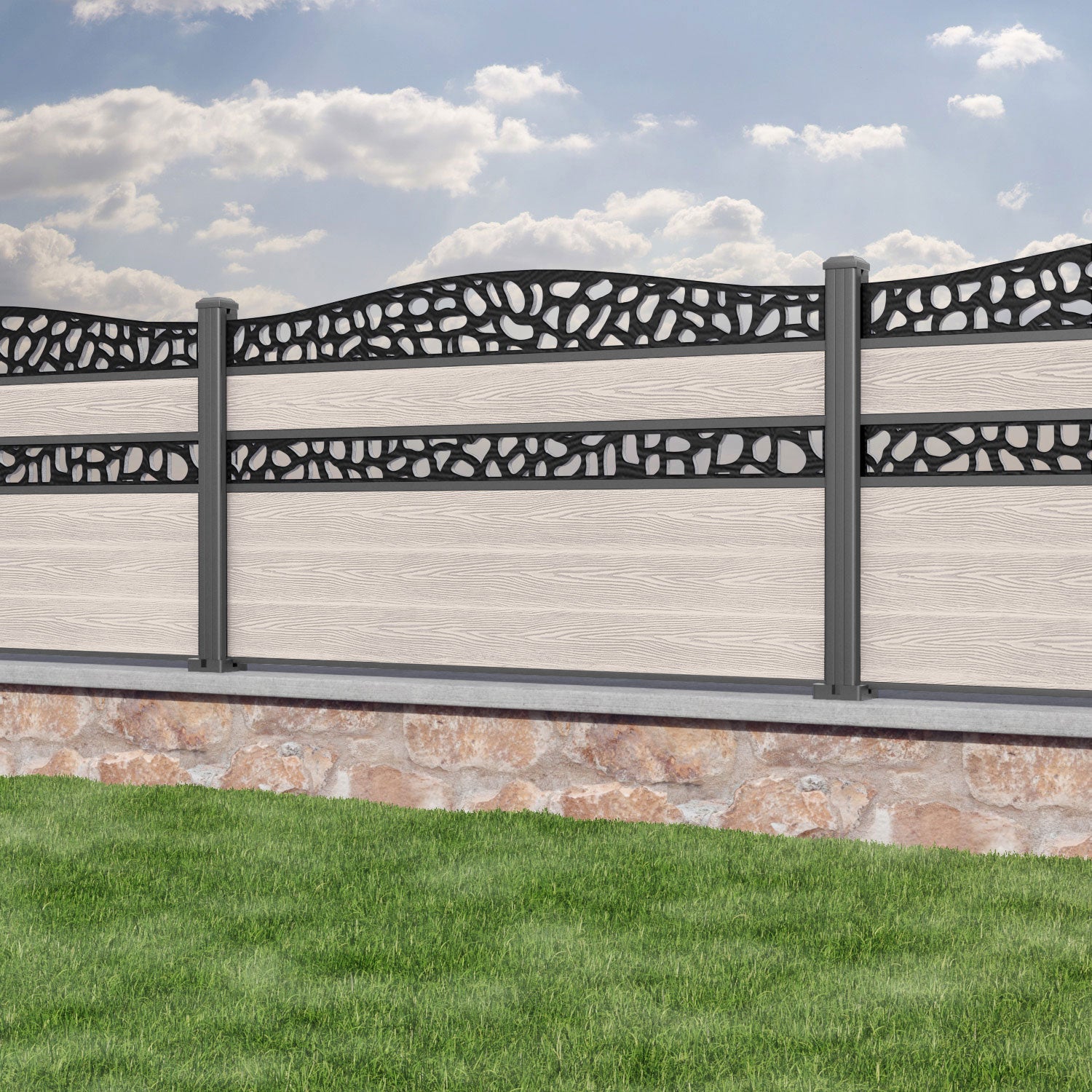 Classic Pebble Curved Top Split Screen Fence Panel - Mid Stone - with our aluminium posts