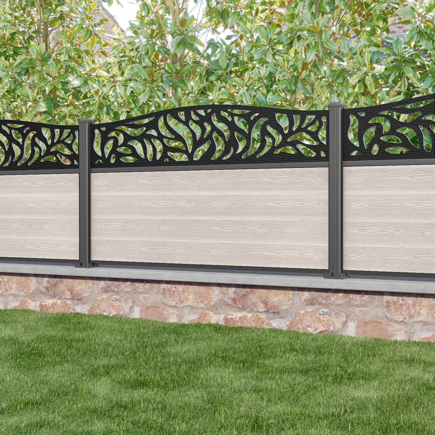 Classic Plume Curved Top Fence Panel - Mid Stone - with our aluminium posts