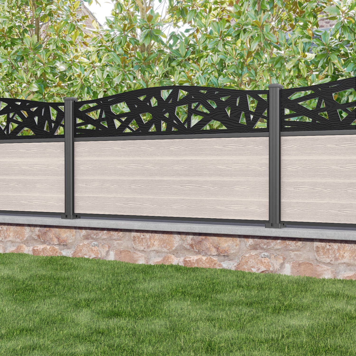 Classic Prism Curved Top Fence Panel - Mid Stone - with our aluminium posts