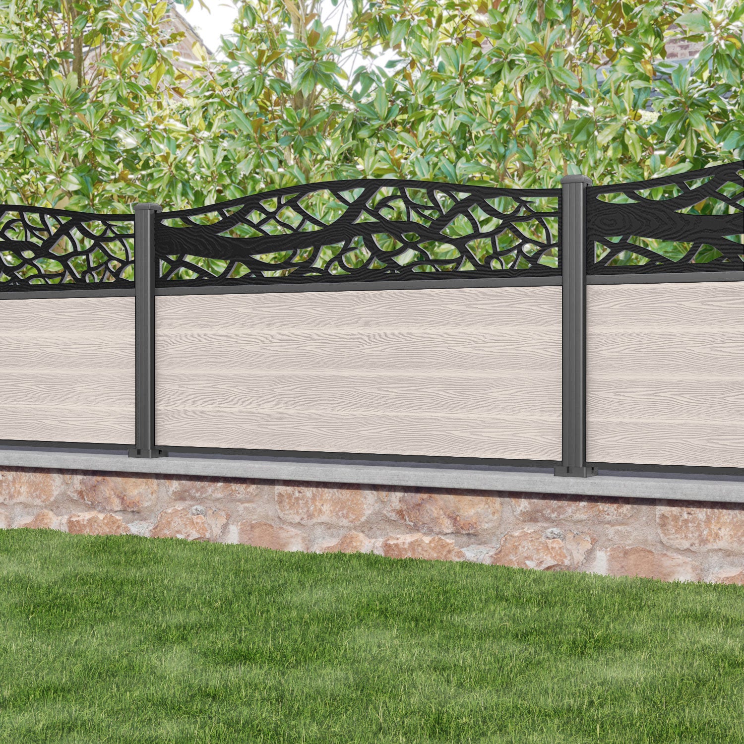Classic Twilight Curved Top Fence Panel - Mid Stone - with our aluminium posts