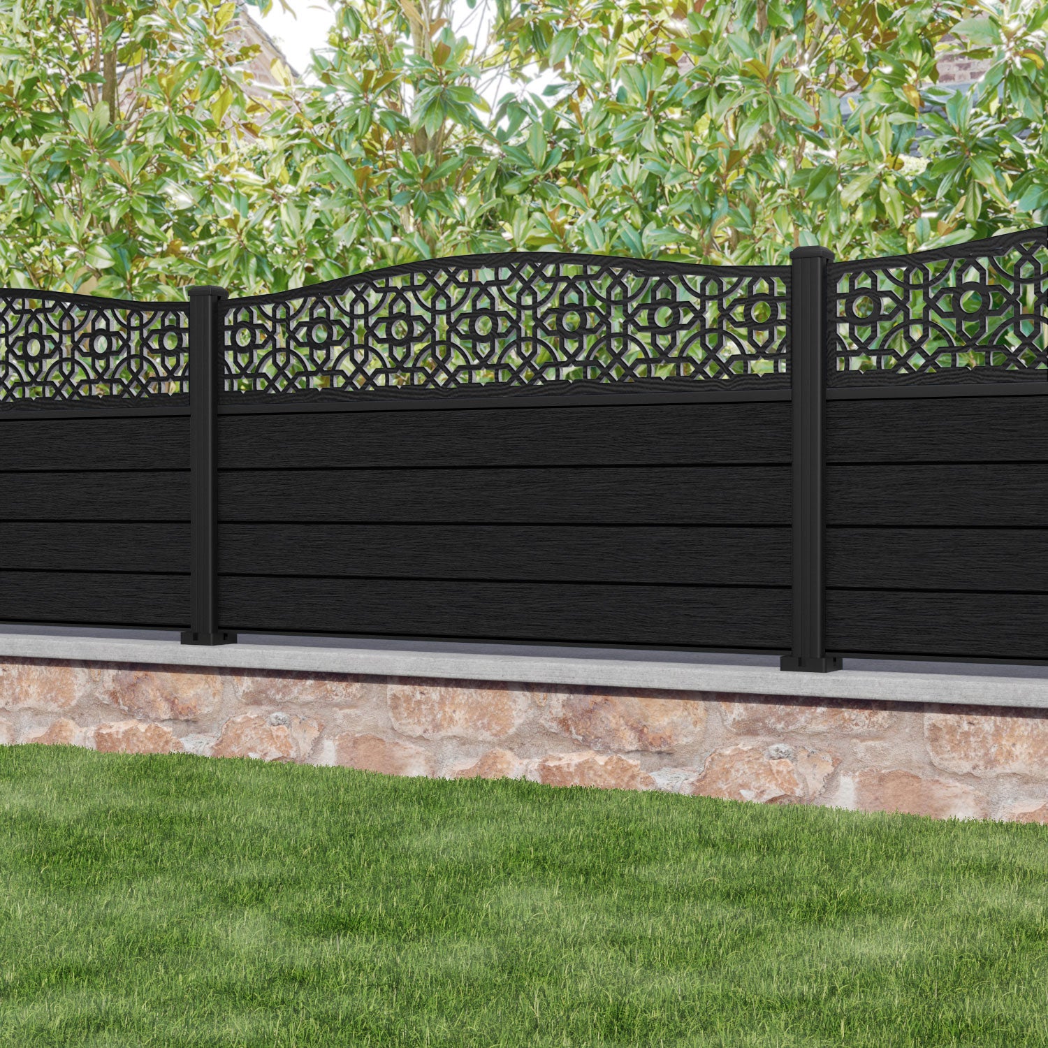 Fusion Nabila Curved Top Fence Panel - Black - with our aluminium posts