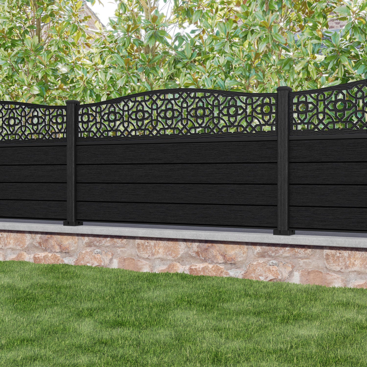 Fusion Nabila Curved Top Fence Panel - Black - with our composite posts