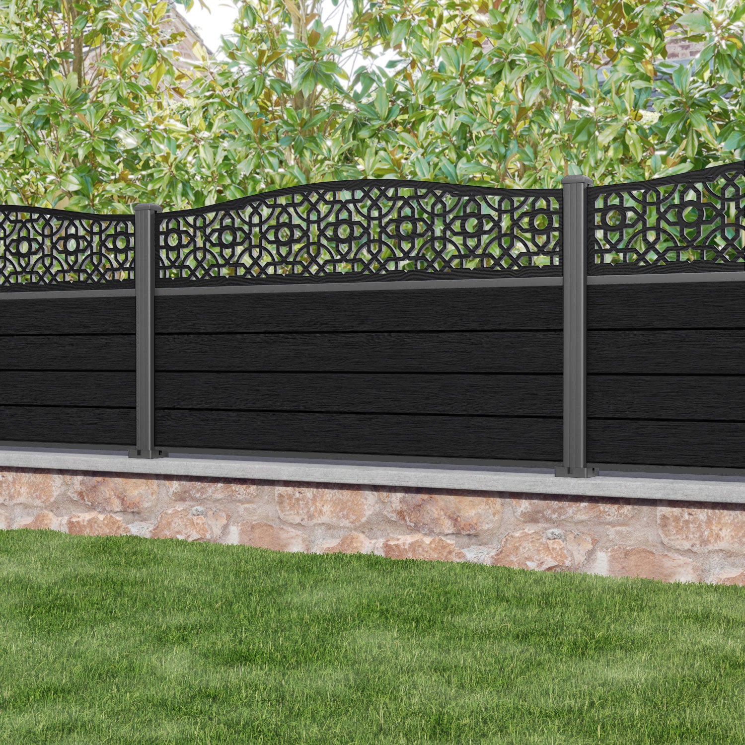 Fusion Nabila Curved Top Fence Panel - Black - with our aluminium posts
