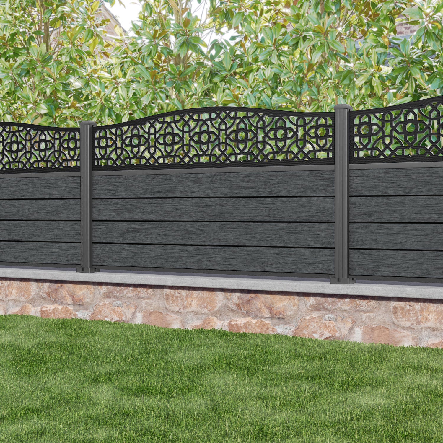 Fusion Nabila Curved Top Fence Panel - Dark Grey - with our aluminium posts